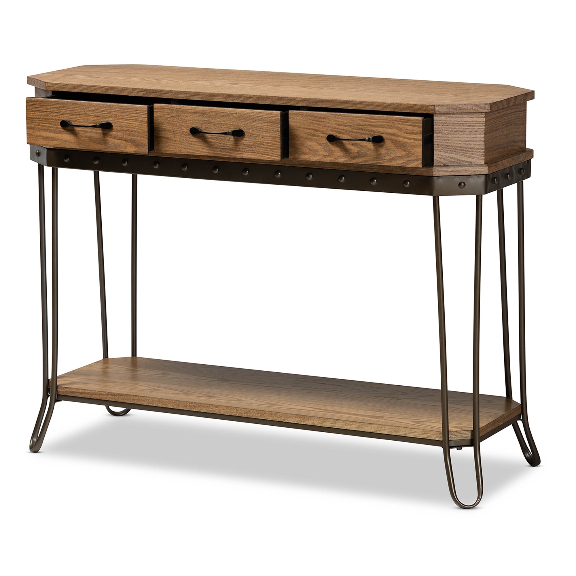 Baxton Studio Kellyn Vintage Rustic Industrial Oak Brown Finished Wood and Black Finished Metal 3-Drawer Console Table