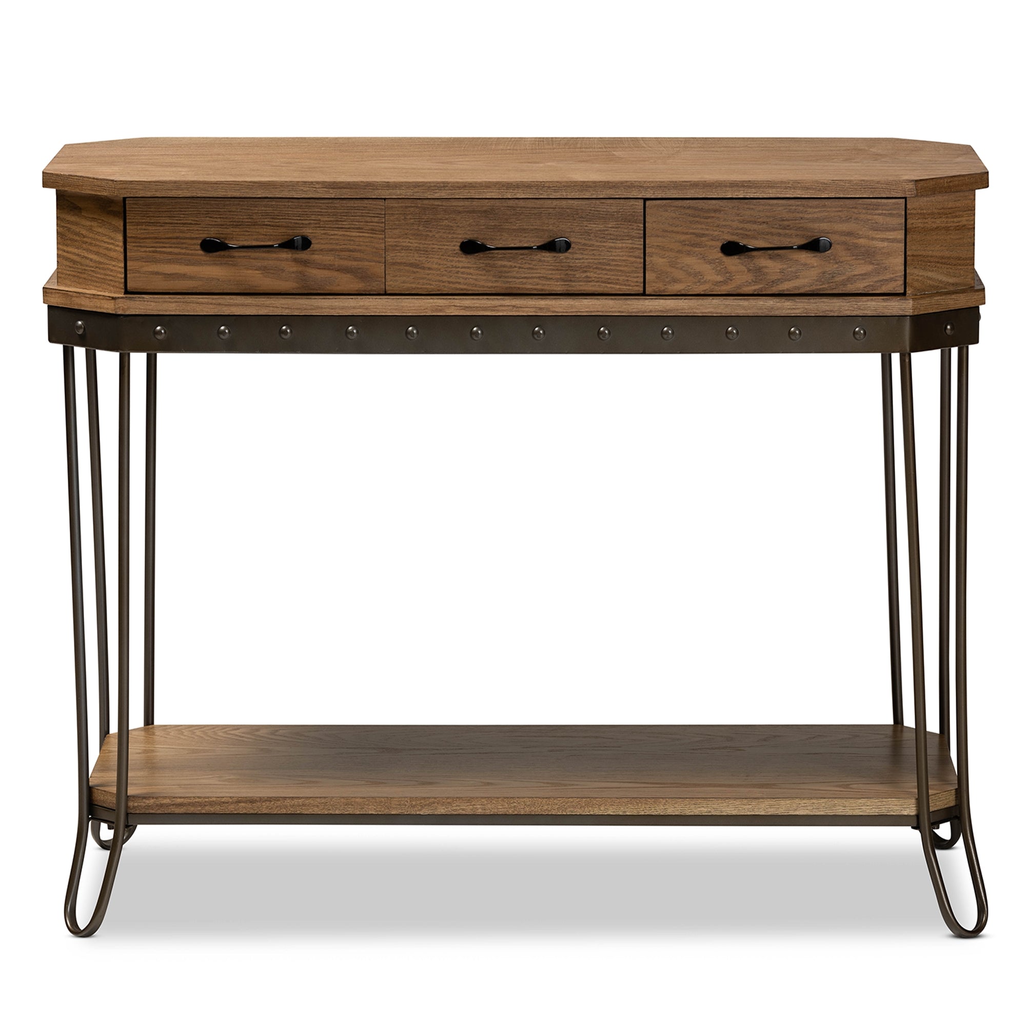 Baxton Studio Kellyn Vintage Rustic Industrial Oak Brown Finished Wood and Black Finished Metal 3-Drawer Console Table