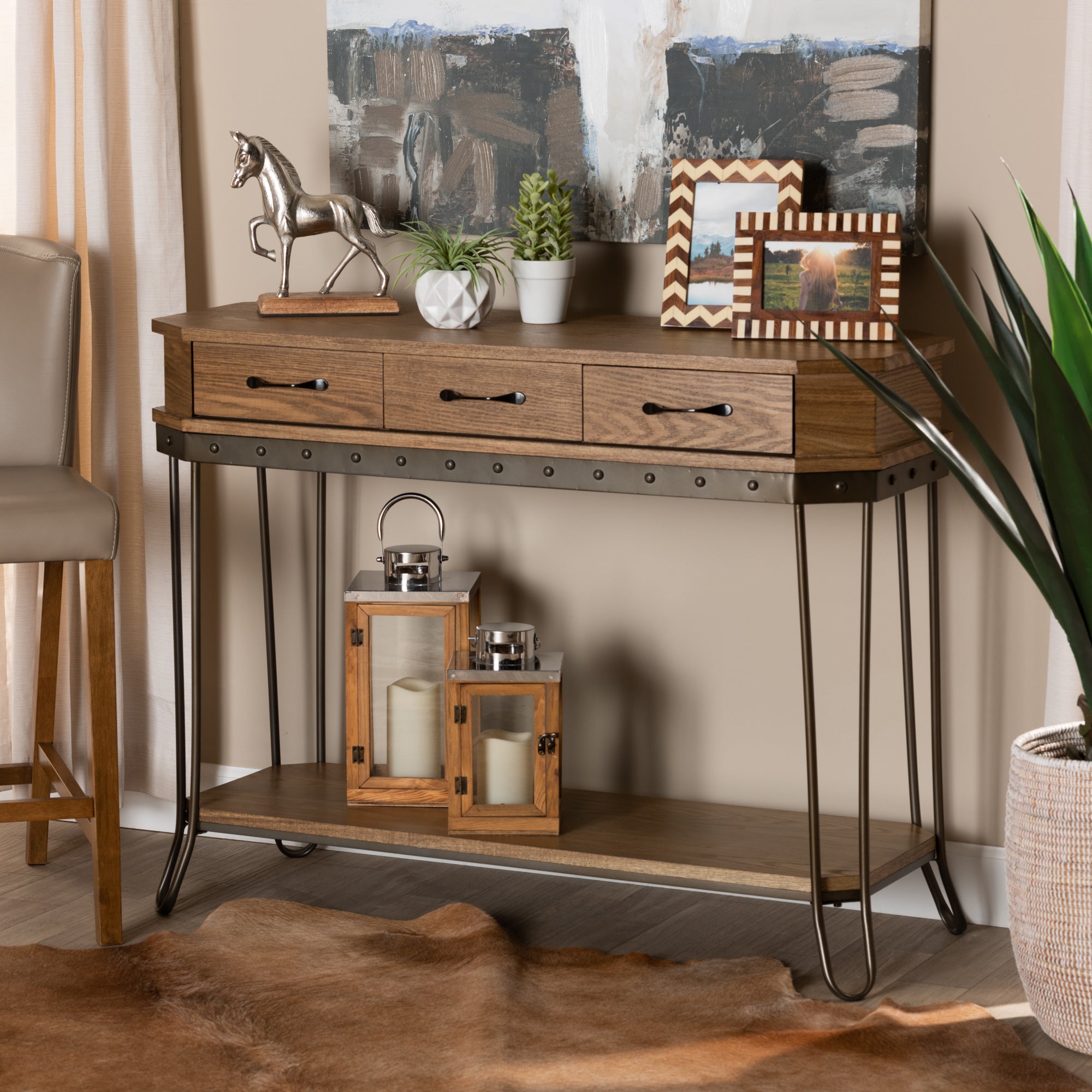 Baxton Studio Kellyn Vintage Rustic Industrial Oak Brown Finished Wood and Black Finished Metal 3-Drawer Console Table