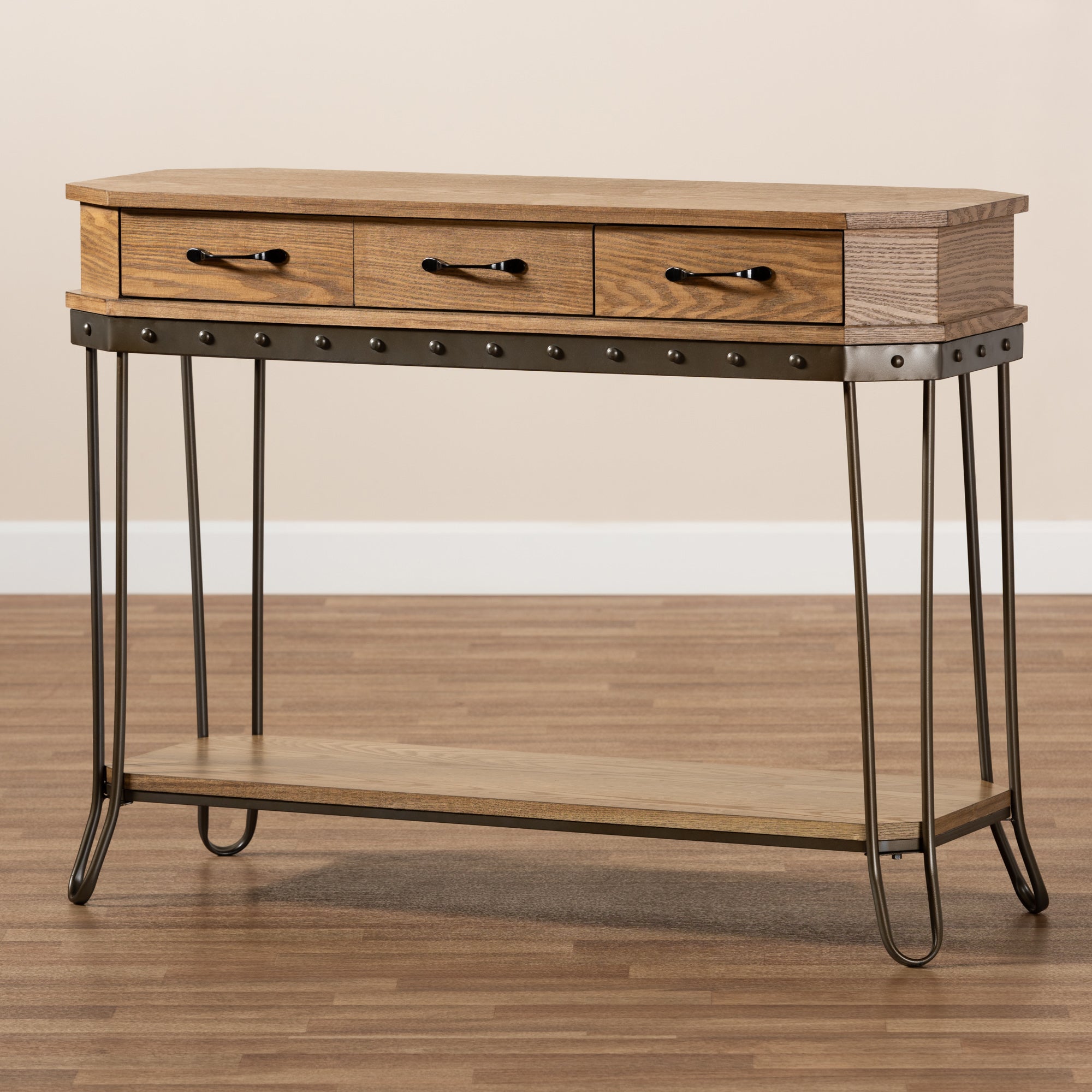 Baxton Studio Kellyn Vintage Rustic Industrial Oak Brown Finished Wood and Black Finished Metal 3-Drawer Console Table