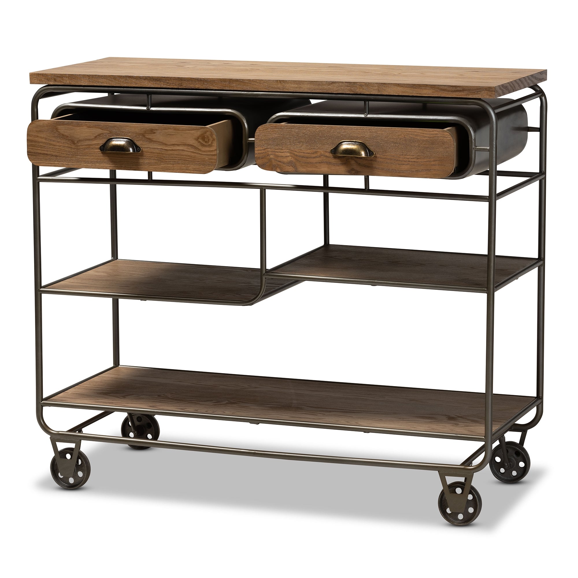 Baxton Studio Grant Vintage Rustic Industrial Oak Brown Finished Wood and Black Finished Metal 2-Drawer Kitchen Cart