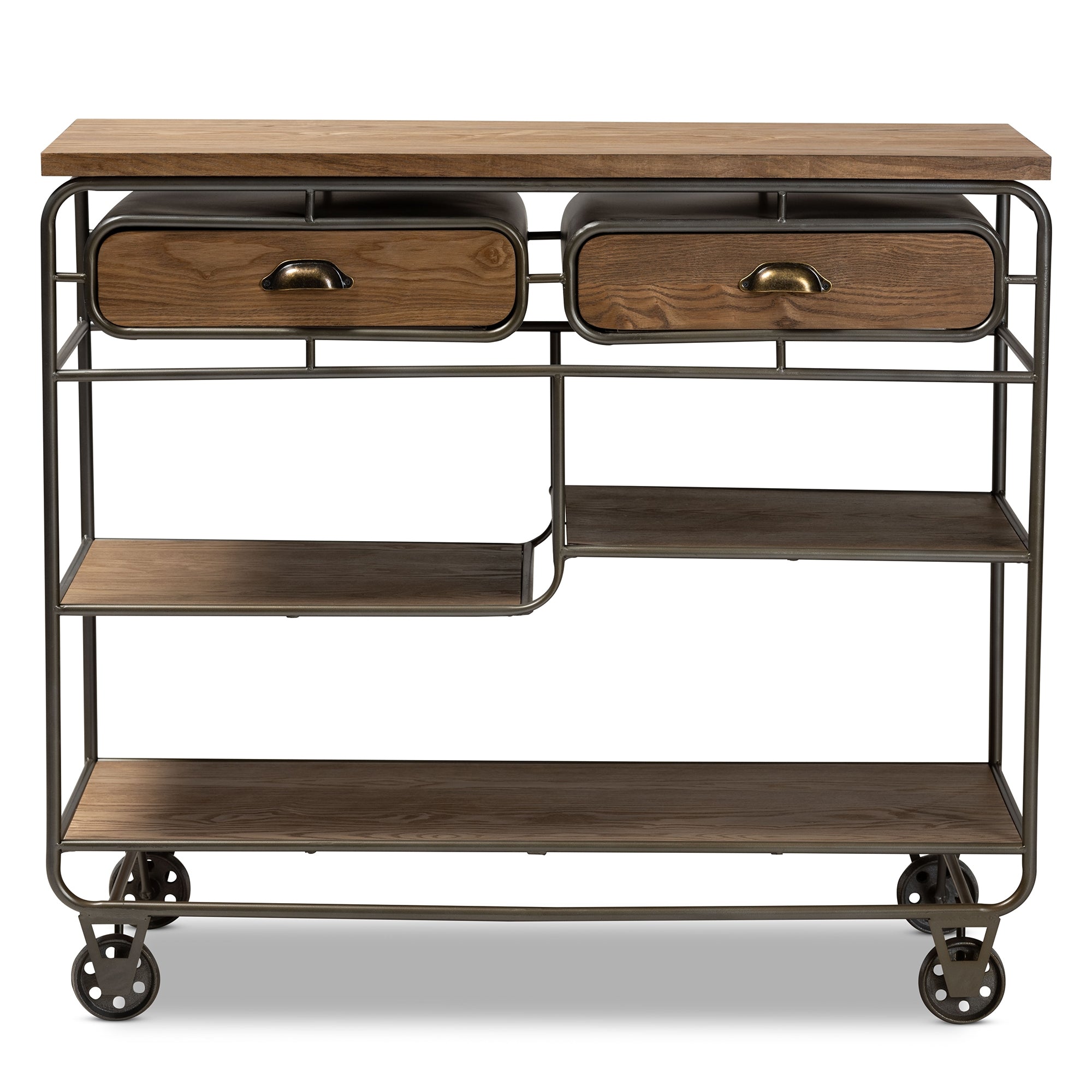Baxton Studio Grant Vintage Rustic Industrial Oak Brown Finished Wood and Black Finished Metal 2-Drawer Kitchen Cart