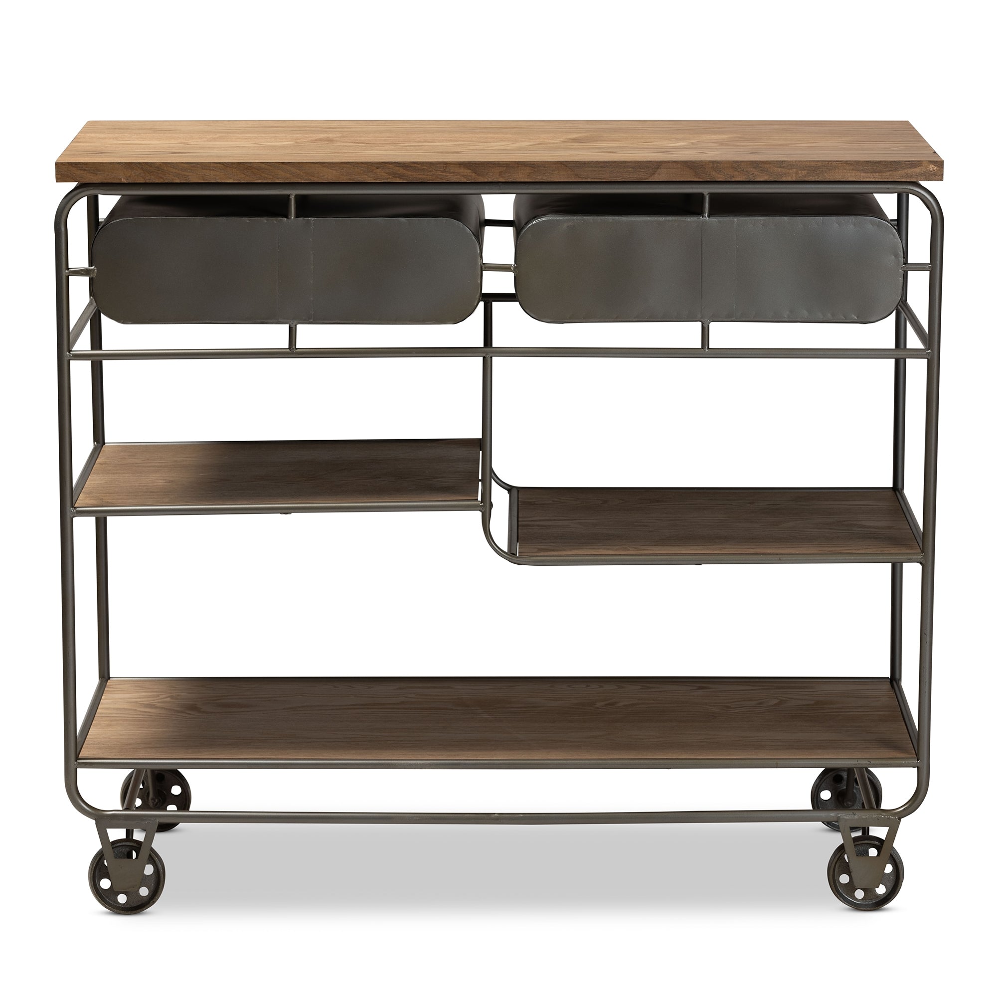 Baxton Studio Grant Vintage Rustic Industrial Oak Brown Finished Wood and Black Finished Metal 2-Drawer Kitchen Cart