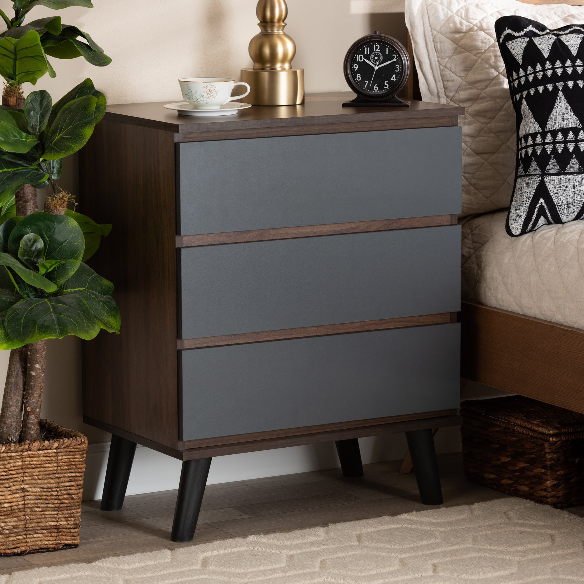 Baxton Studio Roldan Modern and Contemporary Two-Tone Walnut and Grey Finished Wood 3-Drawer Bedroom Chest