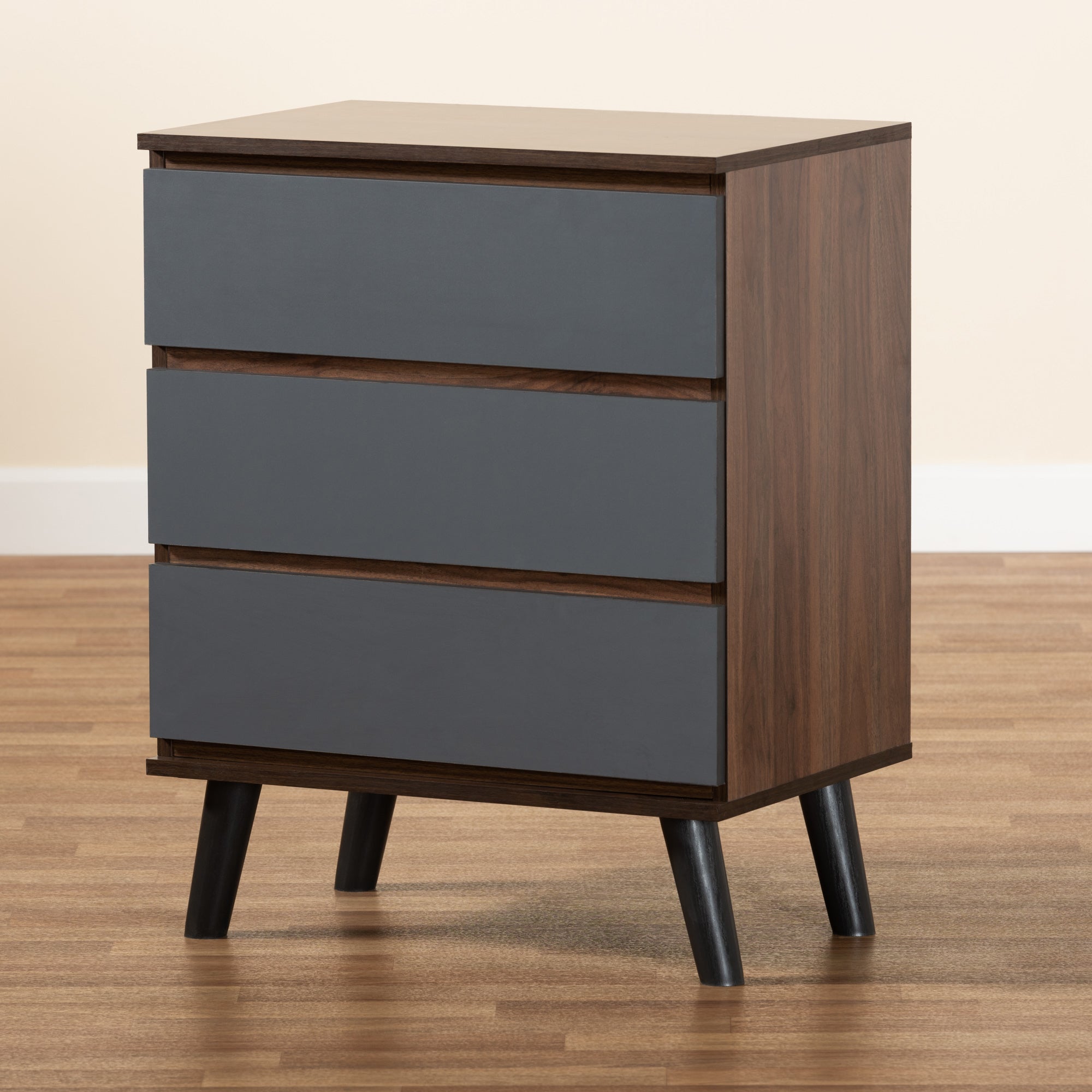Baxton Studio Roldan Modern and Contemporary Two-Tone Walnut and Grey Finished Wood 3-Drawer Bedroom Chest