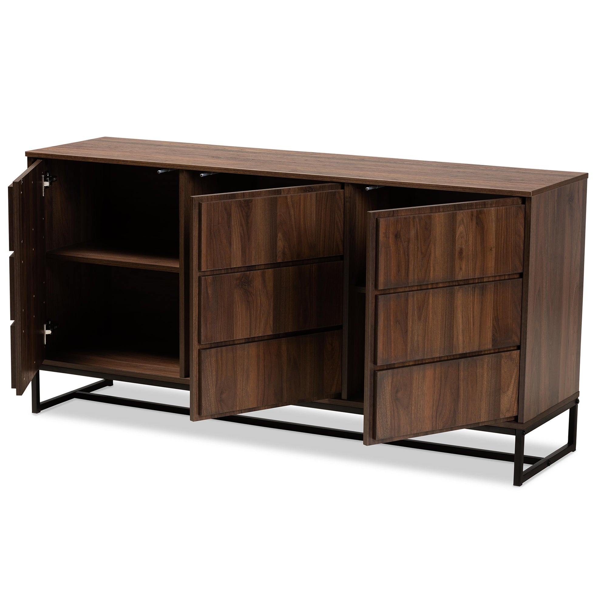 Baxton Studio Neil Modern and Contemporary Walnut Brown Finished Wood and Black Finished Metal 3-Door Dining Room Sideboard Buffet