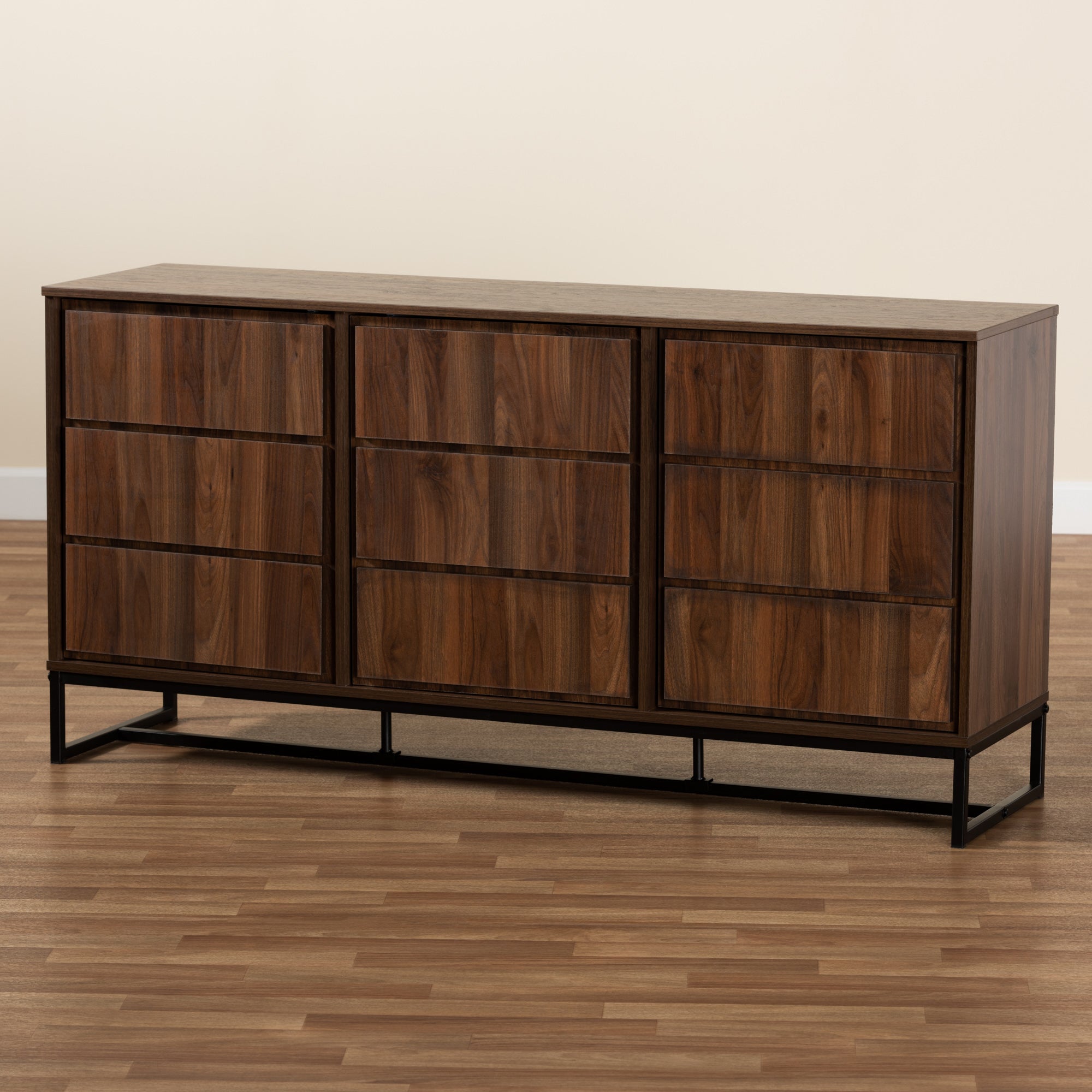 Baxton Studio Neil Modern and Contemporary Walnut Brown Finished Wood and Black Finished Metal 3-Door Dining Room Sideboard Buffet