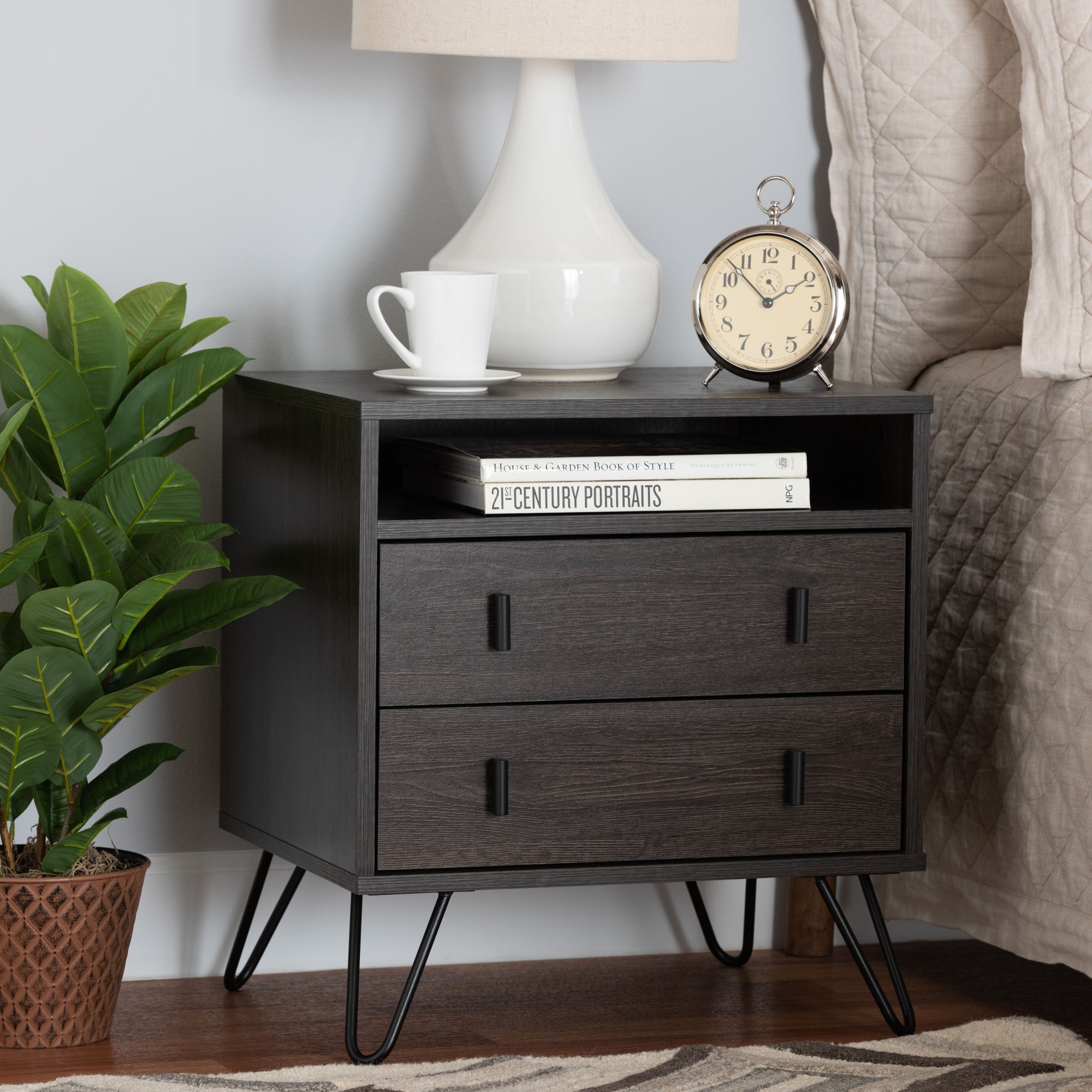 Baxton Studio Glover Modern and Contemporary Dark Brown Finished Wood and Black Metal 2-Drawer Nightstand