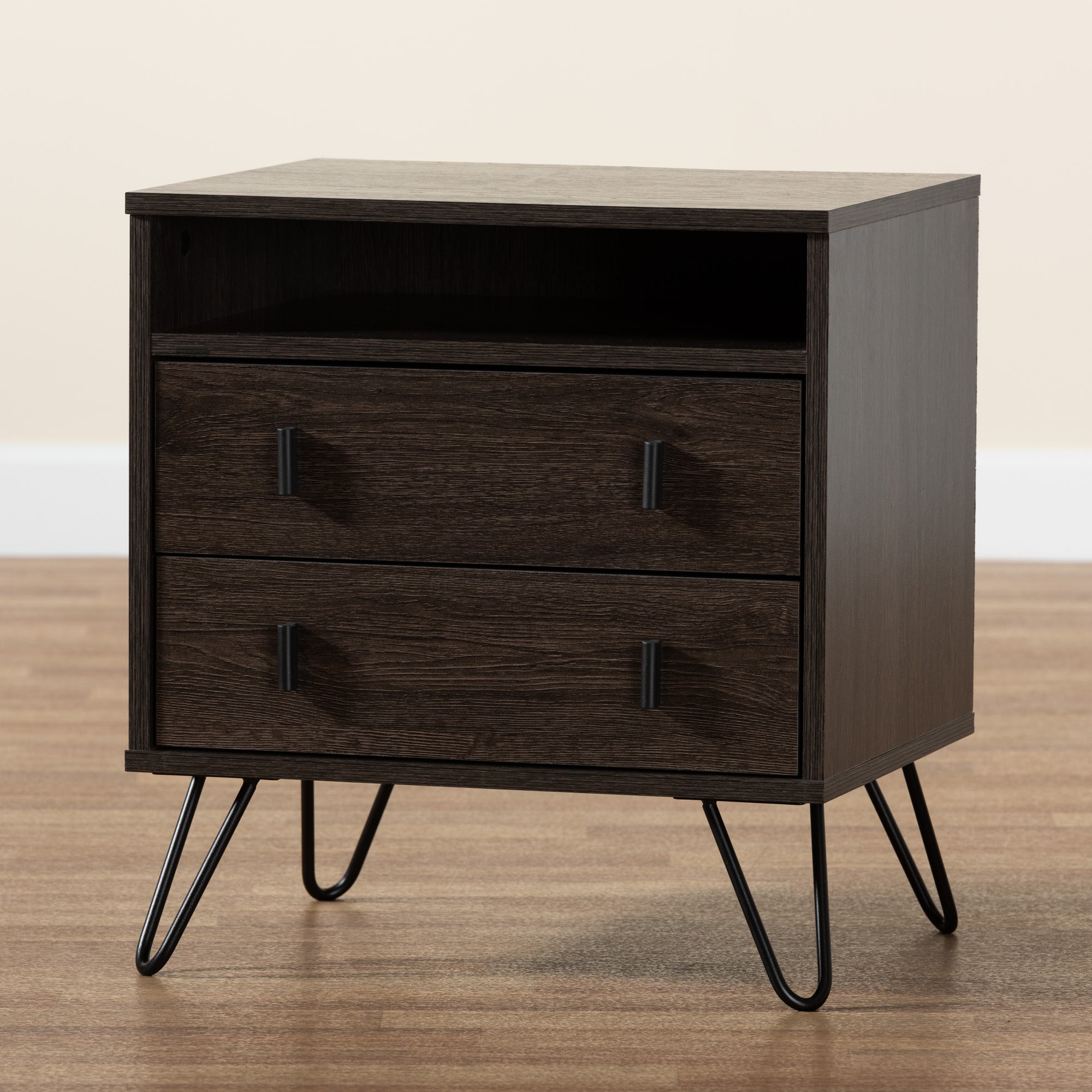 Baxton Studio Glover Modern and Contemporary Dark Brown Finished Wood and Black Metal 2-Drawer Nightstand