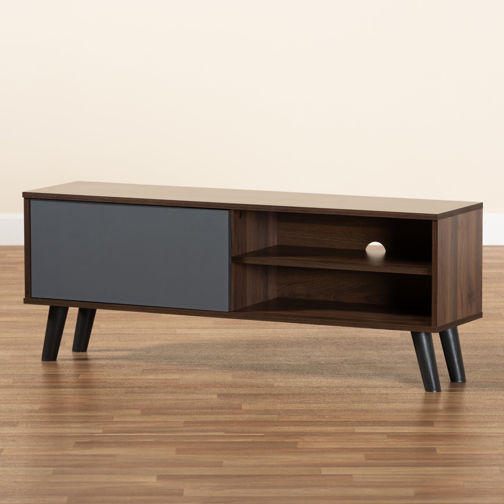Baxton Studio Mallory Modern and Contemporary Two-Tone Walnut Brown and Grey Finished Wood TV Stand