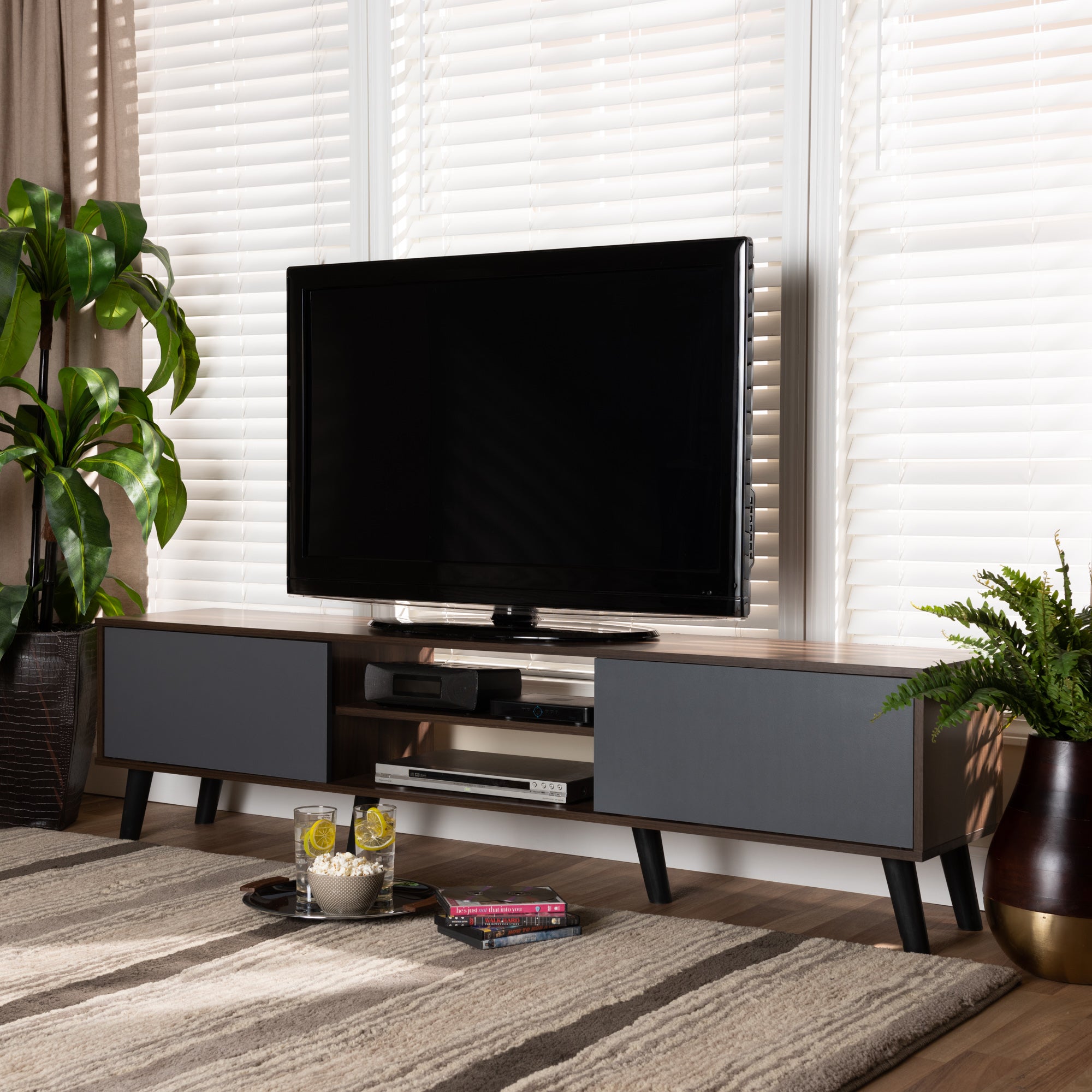 Baxton Studio Clapton Modern and Contemporary Multi-Tone Grey and Walnut Brown Finished Wood TV Stand