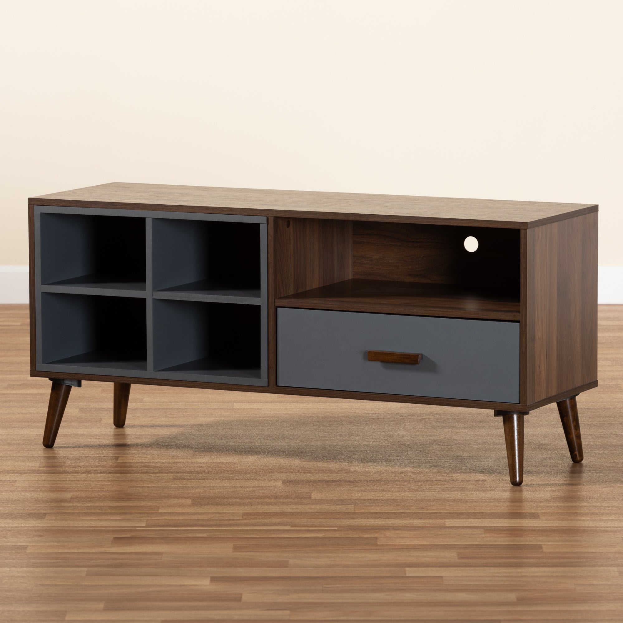 Baxton Studio Garrick Modern and Contemporary Two-Tone Grey and Walnut Brown Finished Wood 1-Drawer TV Stand