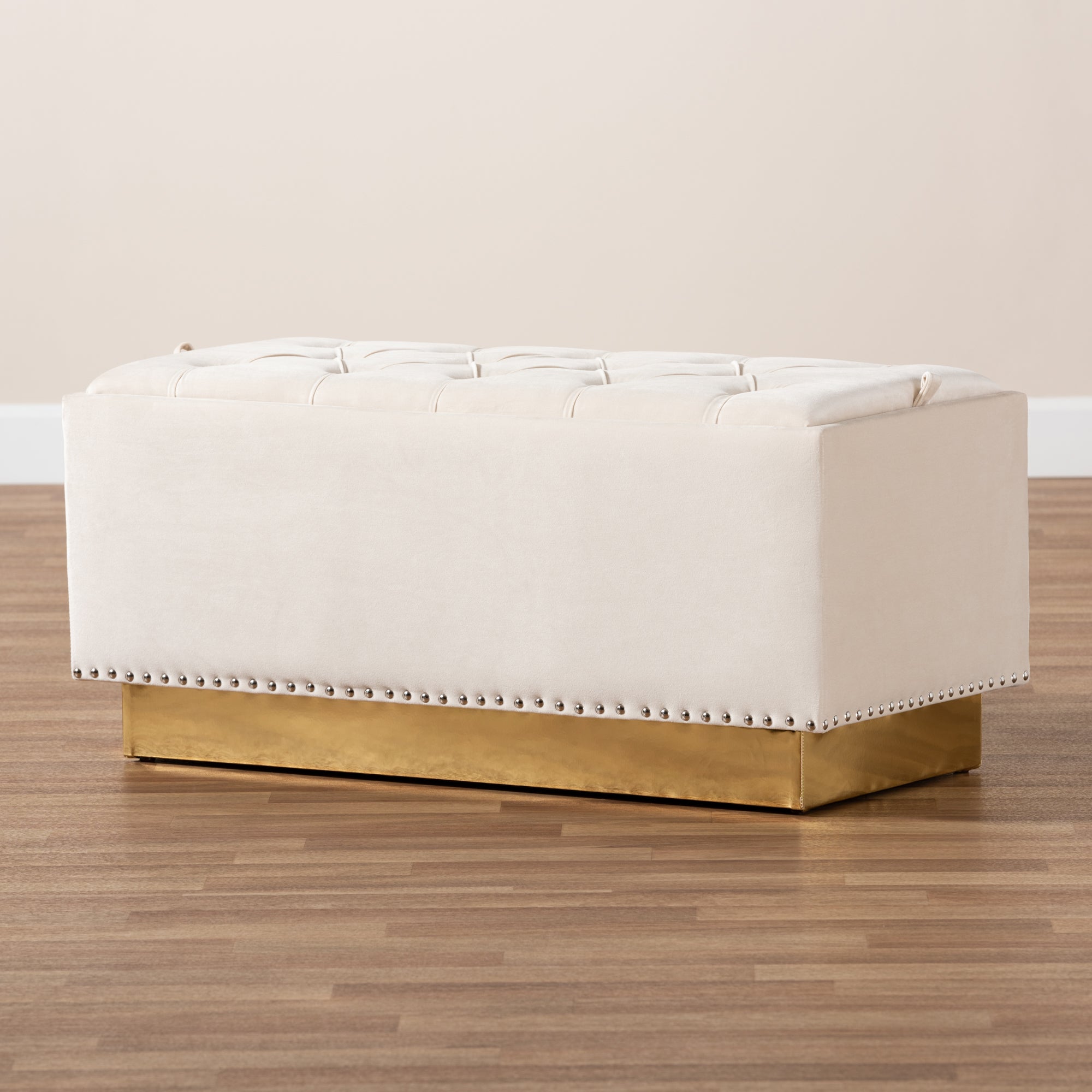 Baxton Studio Powell Glam and Luxe Beige Velvet Fabric Upholstered and Gold PU Leather Storage Ottoman