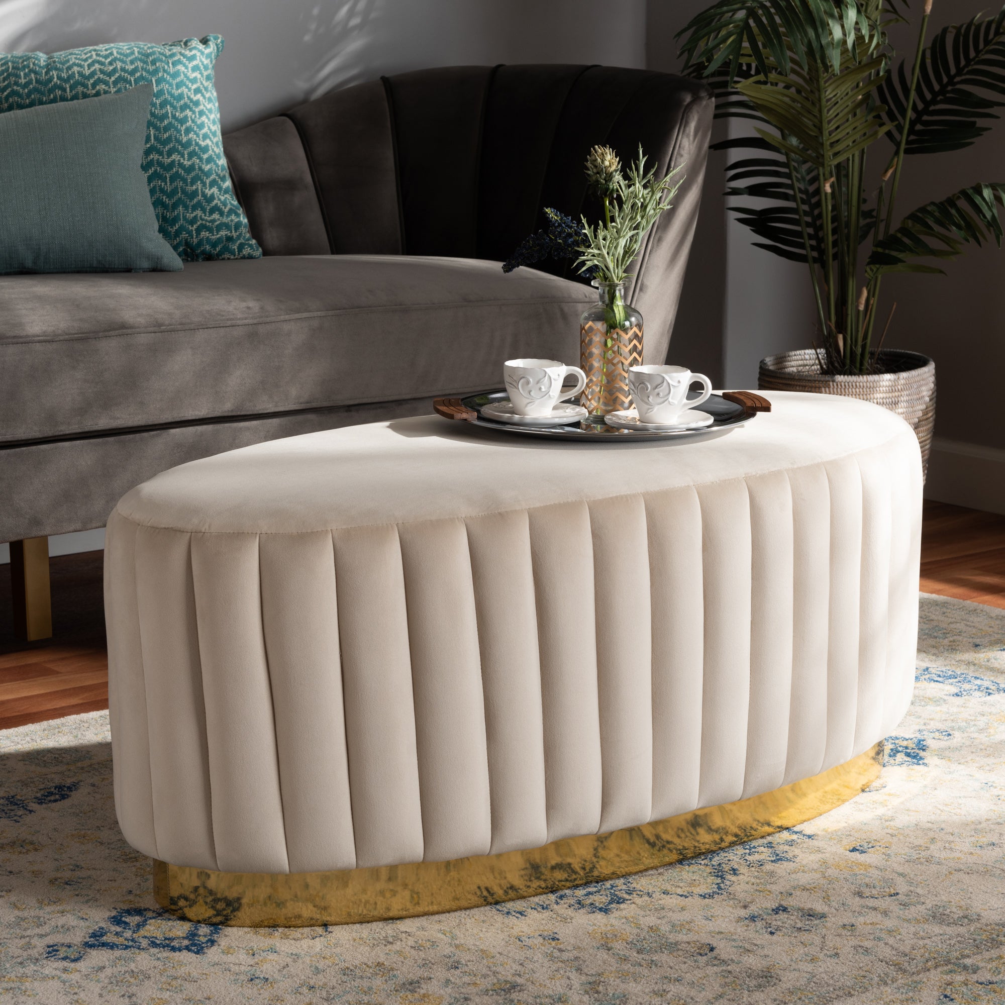 Baxton Studio Kirana Glam and Luxe Beige Velvet Fabric Upholstered and Gold PU Leather Ottoman
