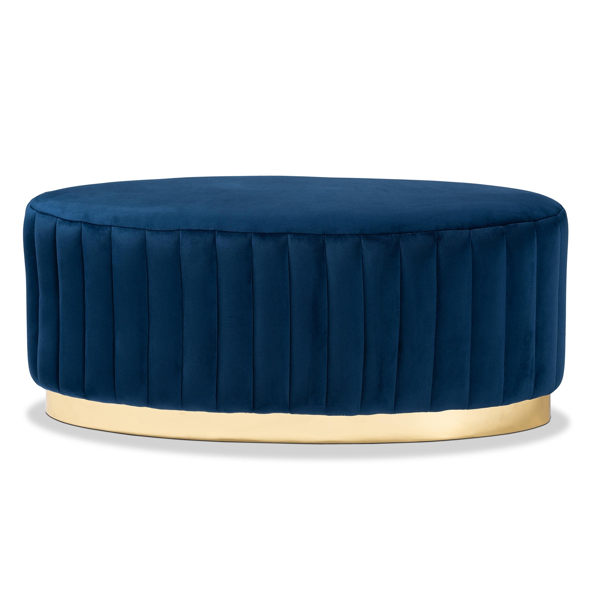 Baxton Studio Kirana Glam and Luxe Navy Blue Velvet Fabric Upholstered and Gold PU Leather Ottoman