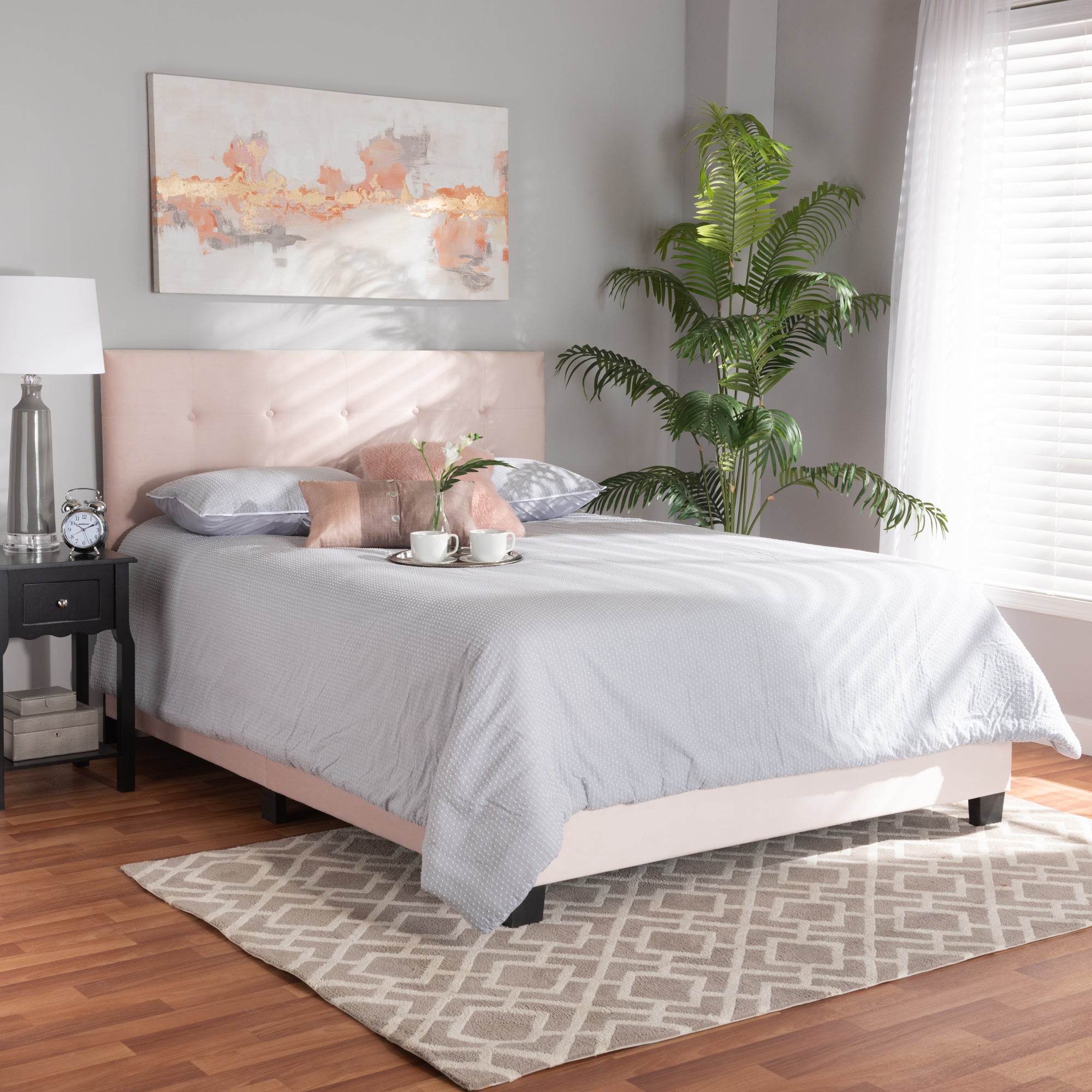 Baxton Studio Caprice Modern and Contemporary Glam Light Pink Velvet Fabric Upholstered Queen Size Panel Bed