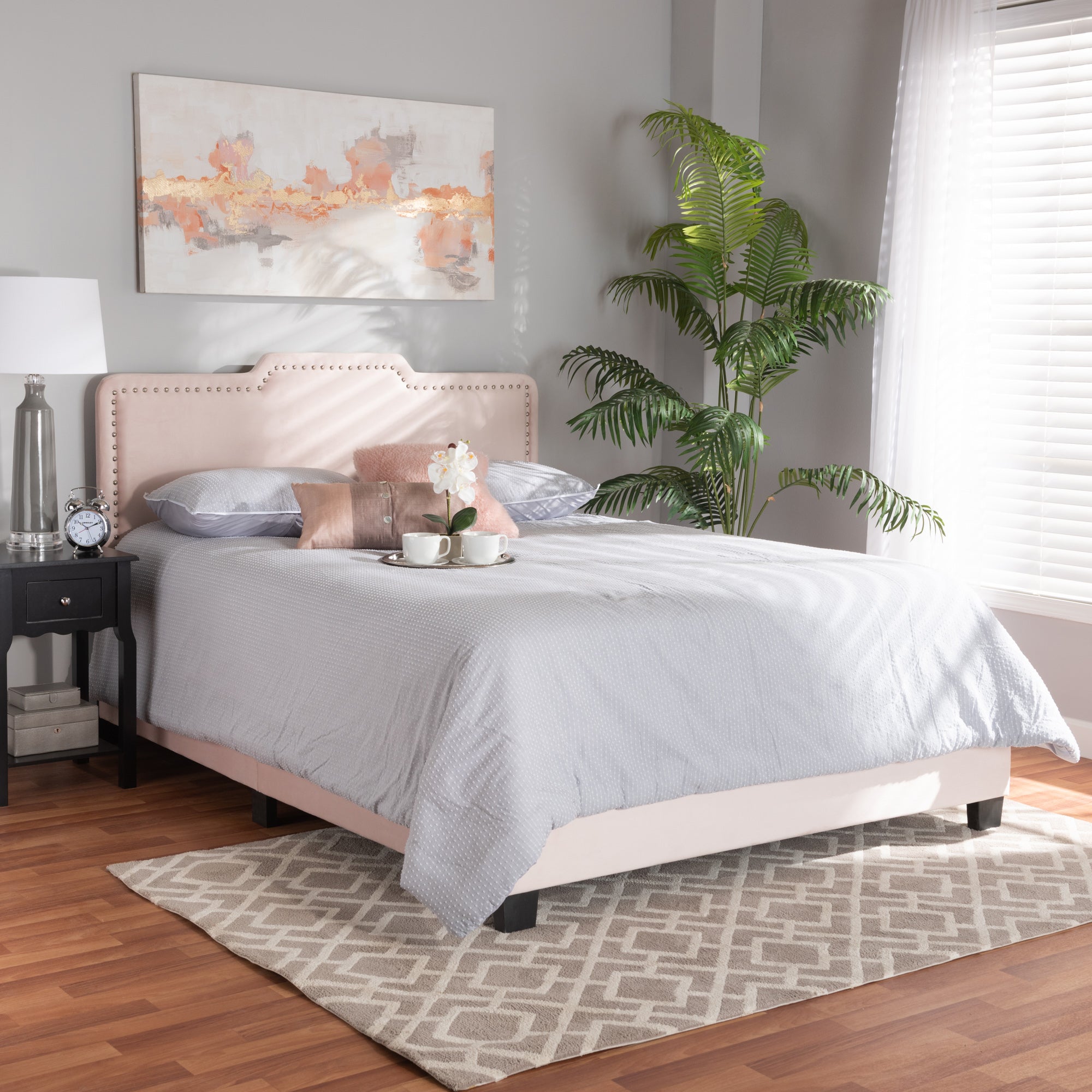 Baxton Studio Benjen Modern and Contemporary Glam Light Pink Velvet Fabric Upholstered Full Size Panel Bed