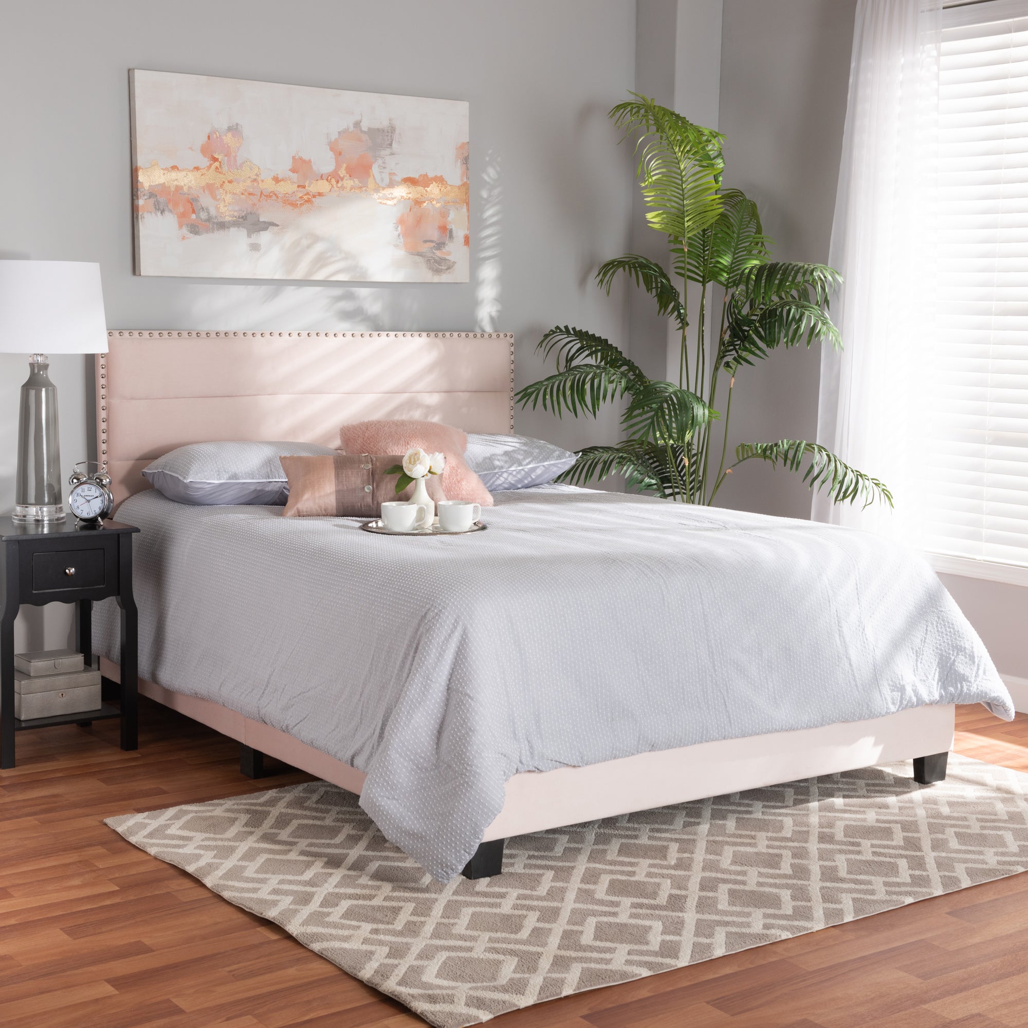 Baxton Studio Tamira Modern and Contemporary Glam Light Pink Velvet Fabric Upholstered Full Size Panel Bed