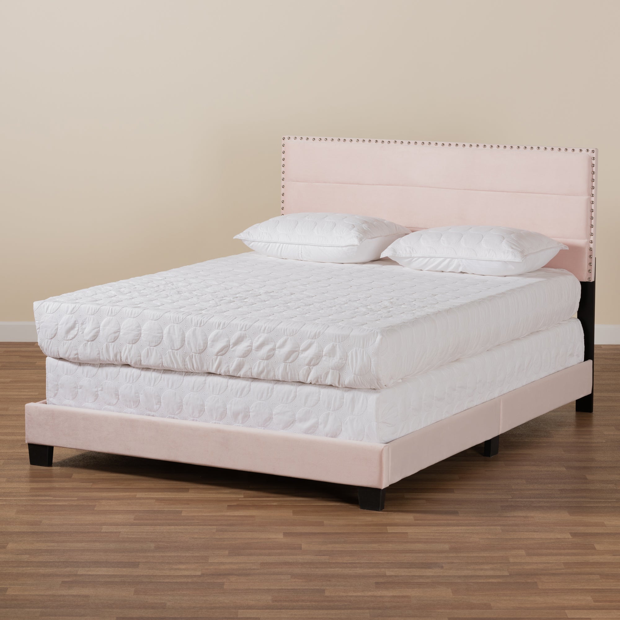 Baxton Studio Tamira Modern and Contemporary Glam Light Pink Velvet Fabric Upholstered Full Size Panel Bed