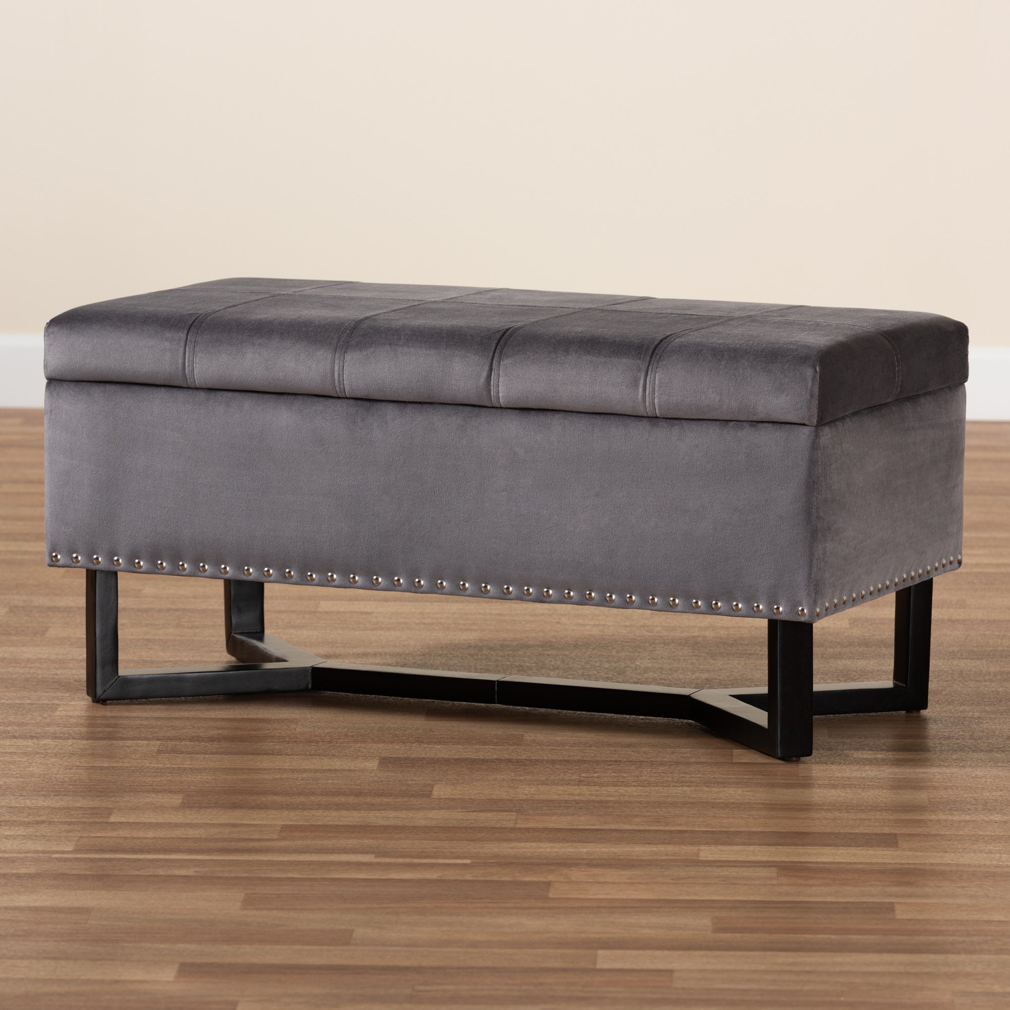 Baxton Studio Esther Modern and Contemporary Grey Velvet Fabric Upholstered and Dark Brown Finished Wood Storage Ottoman