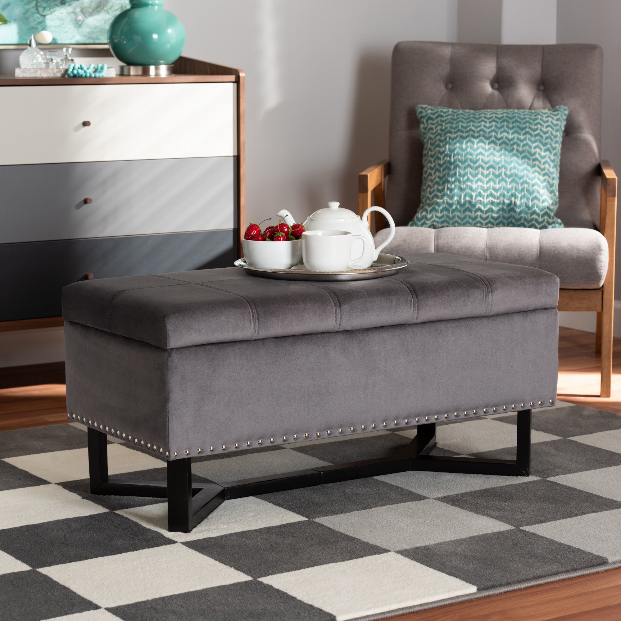 Baxton Studio Esther Modern and Contemporary Grey Velvet Fabric Upholstered and Dark Brown Finished Wood Storage Ottoman