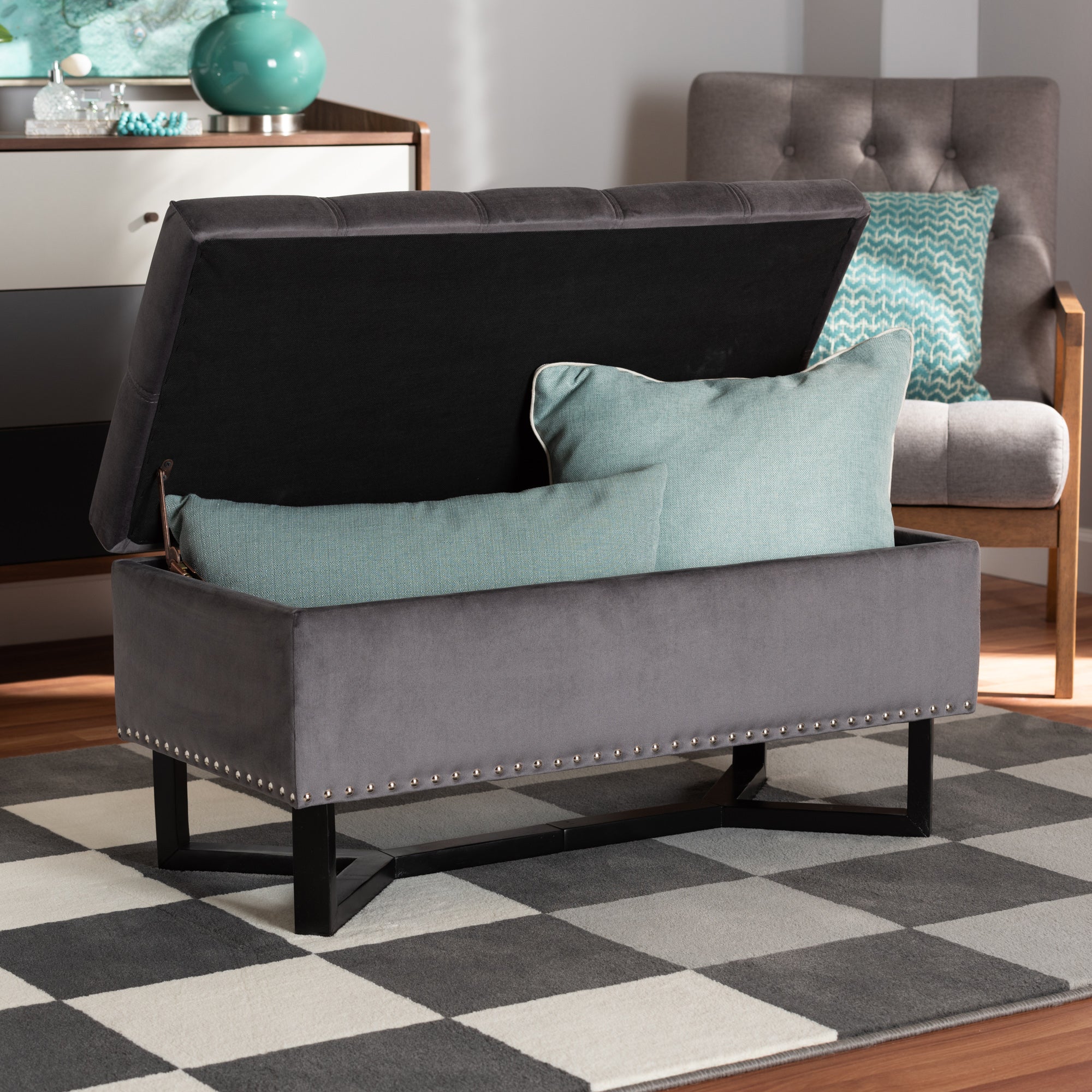 Baxton Studio Esther Modern and Contemporary Grey Velvet Fabric Upholstered and Dark Brown Finished Wood Storage Ottoman