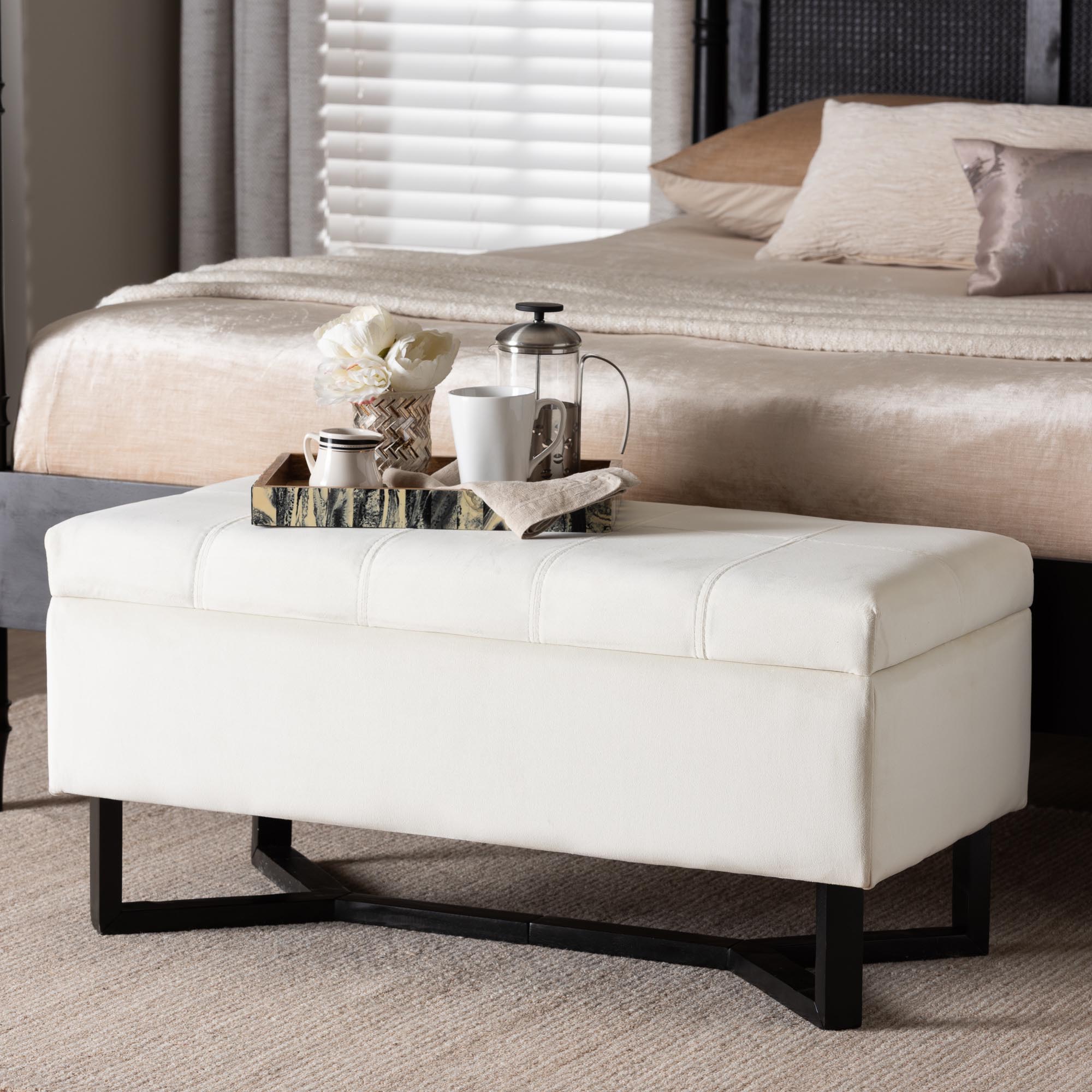 Baxton Studio Esther Modern and Contemporary Beige Velvet Fabric Upholstered and Dark Brown Finished Wood Storage Ottoman