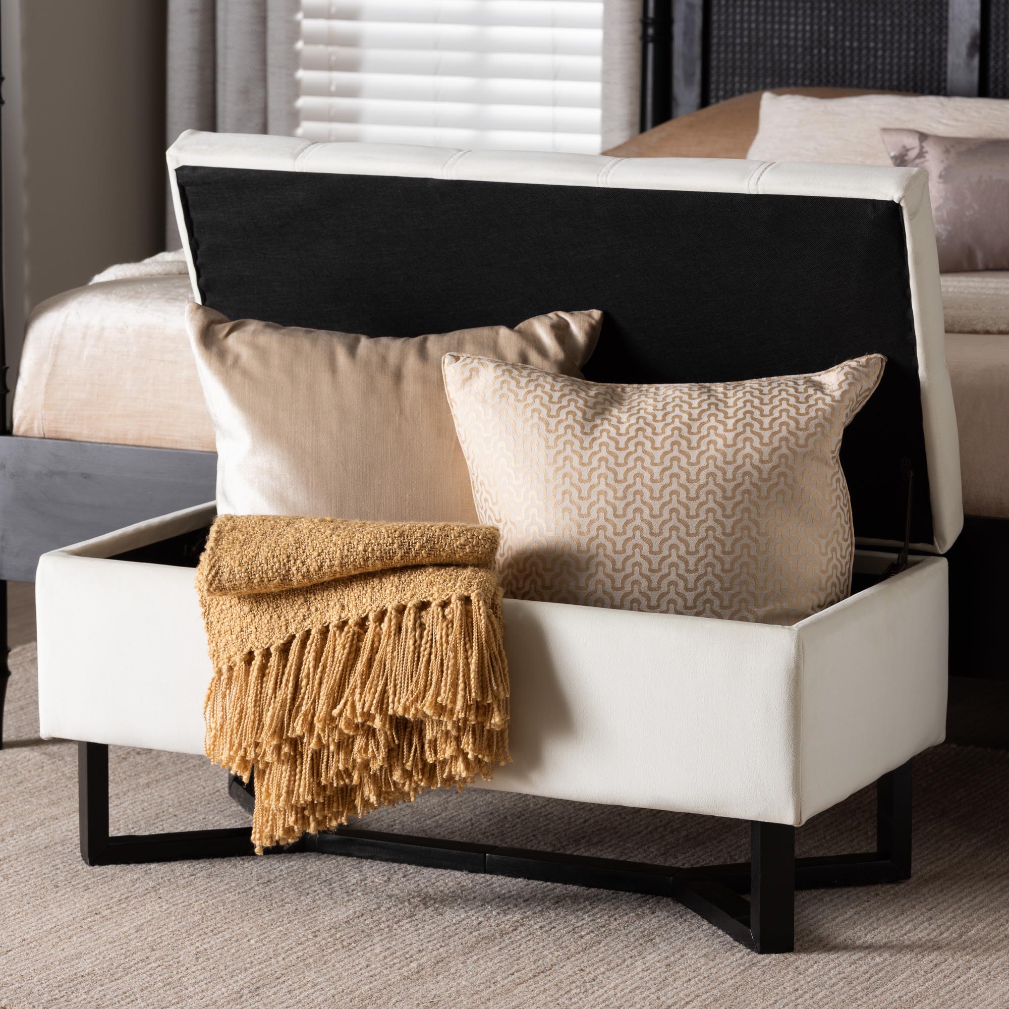 Baxton Studio Esther Modern and Contemporary Beige Velvet Fabric Upholstered and Dark Brown Finished Wood Storage Ottoman