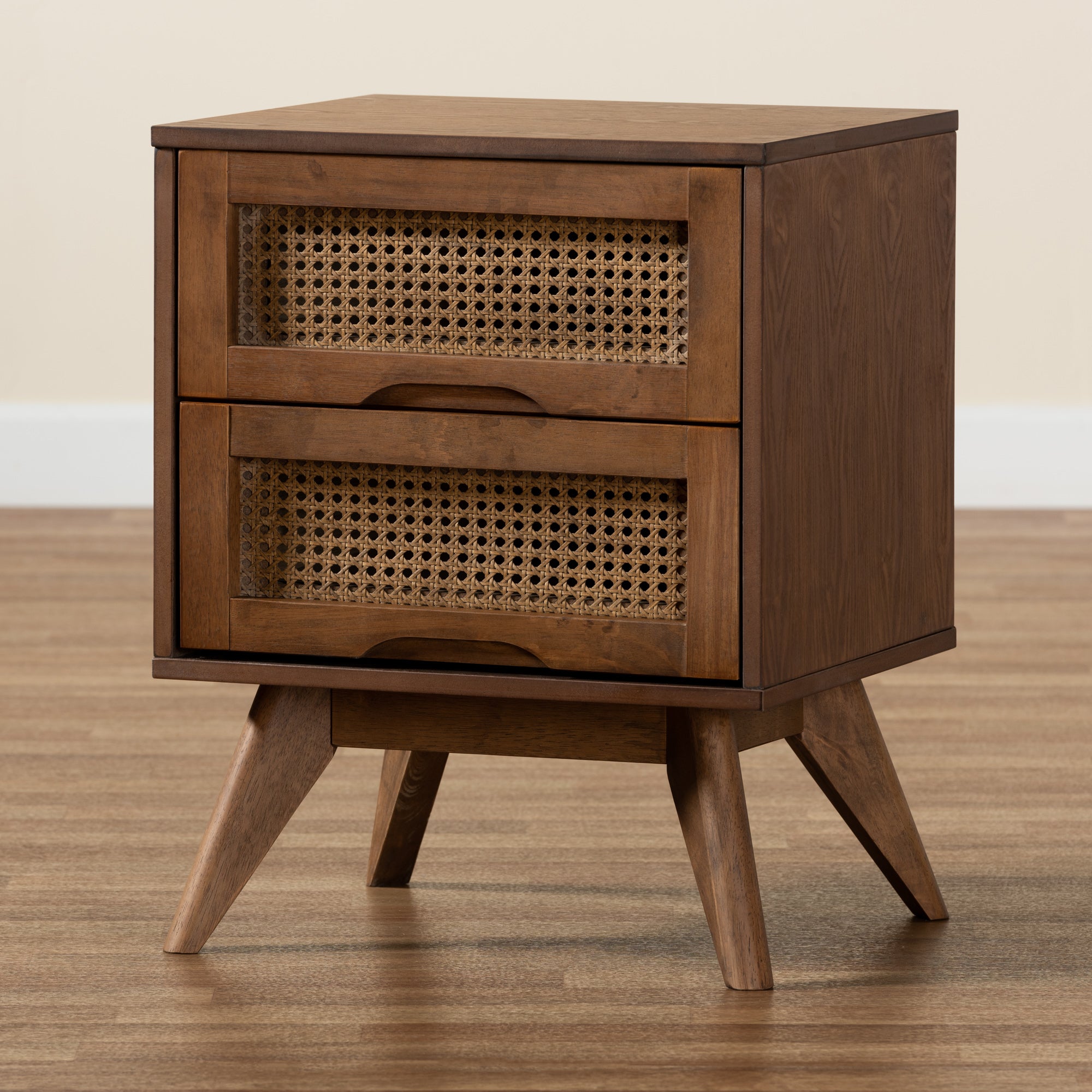 Baxton Studio Barrett Mid-Century Modern Walnut Brown Finished Wood and Synthetic Rattan 2-Drawer Nightstand