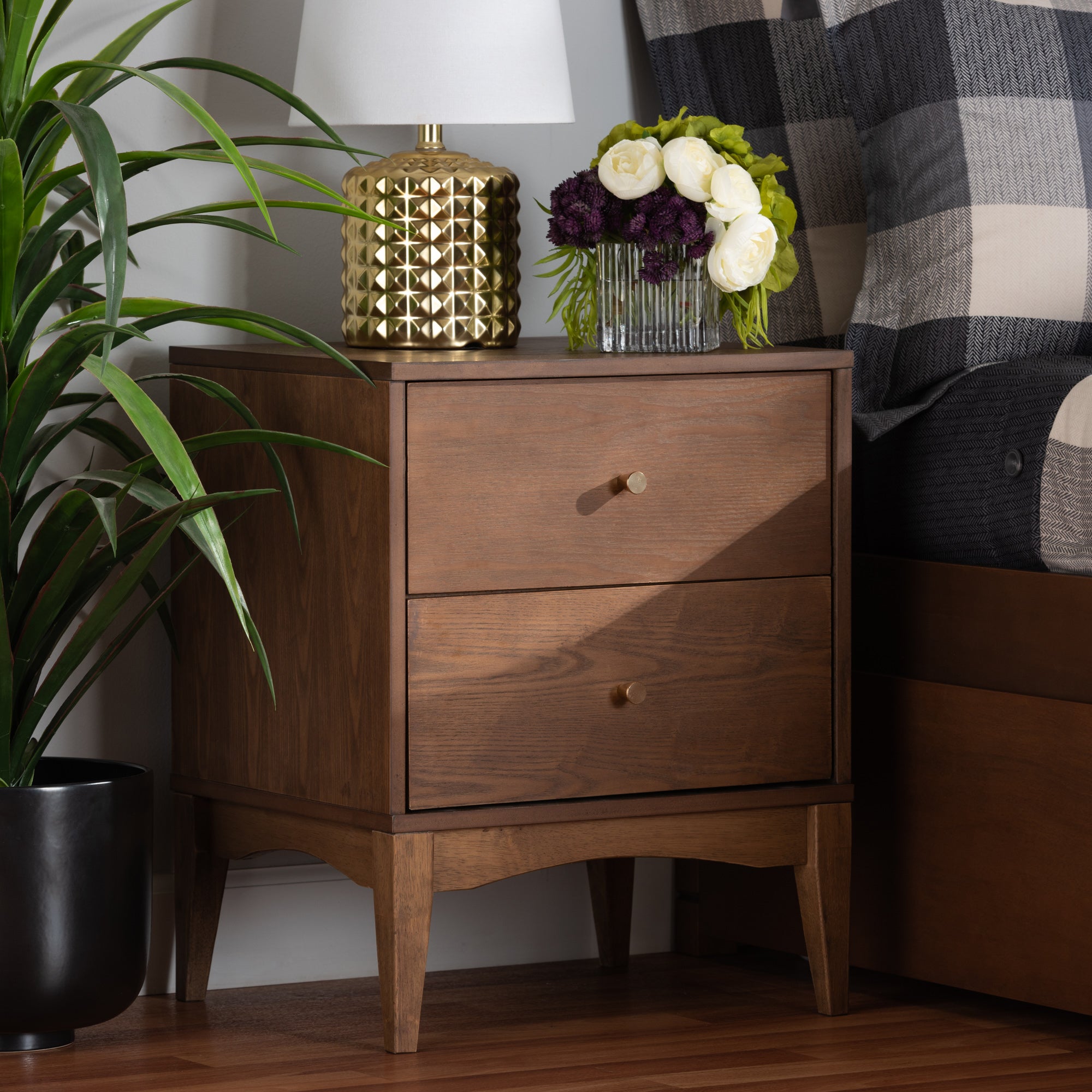 Baxton Studio Landis Mid-Century Modern Ash Walnut Finished Wood 2-Drawer Nightstand