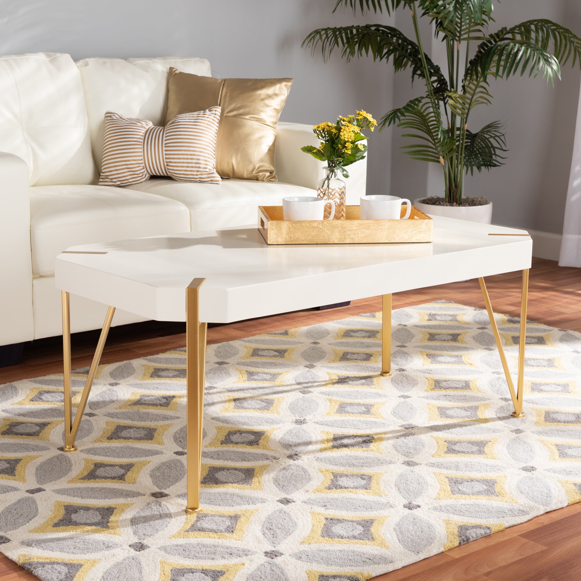 Baxton Studio Kassa Contemporary Glam and Luxe Brushed Gold Metal and White Finished Wood Coffee Table