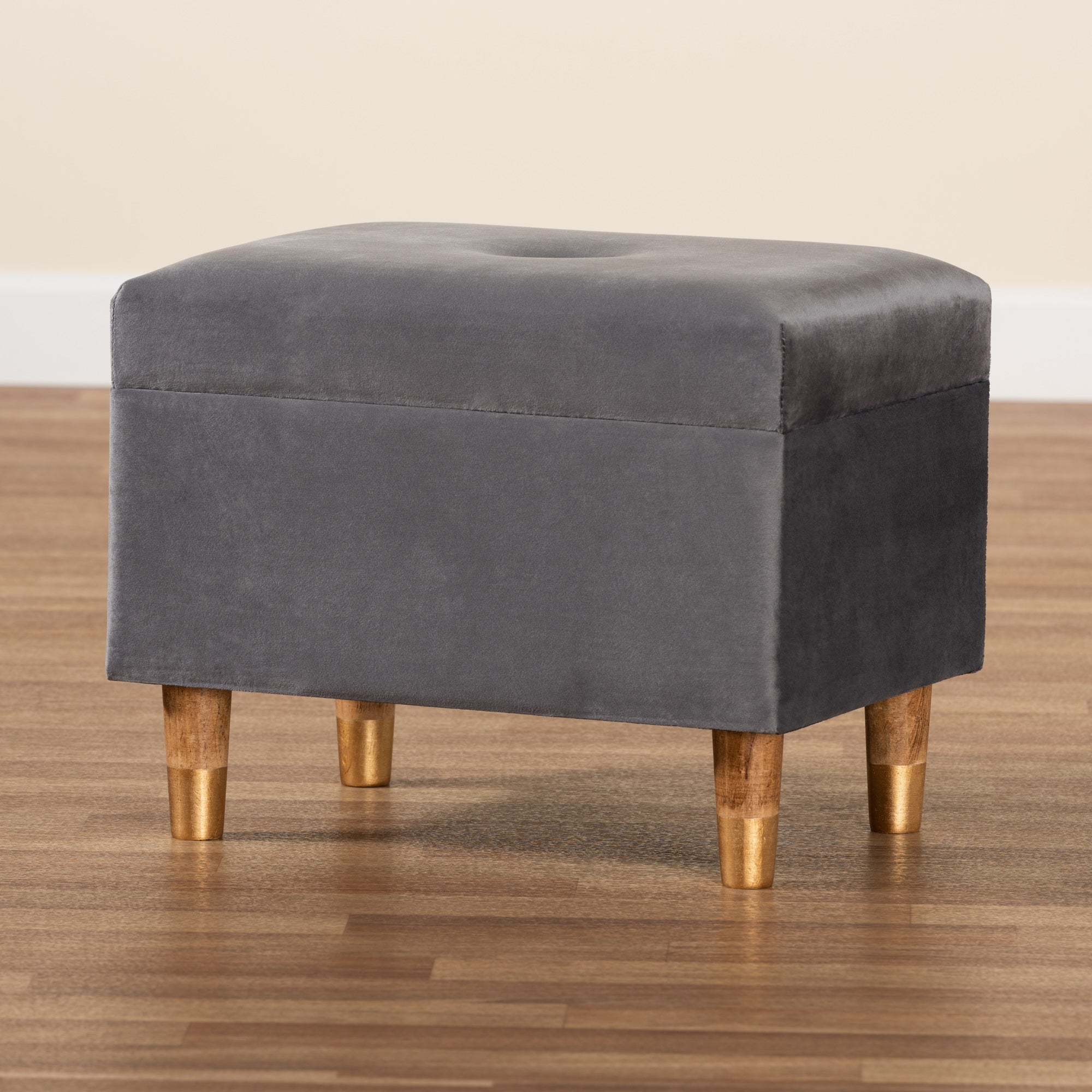 Baxton Studio Elias Modern and Contemporary Grey Velvet Fabric Upholstered and Oak Brown Finished Wood Storage Ottoman