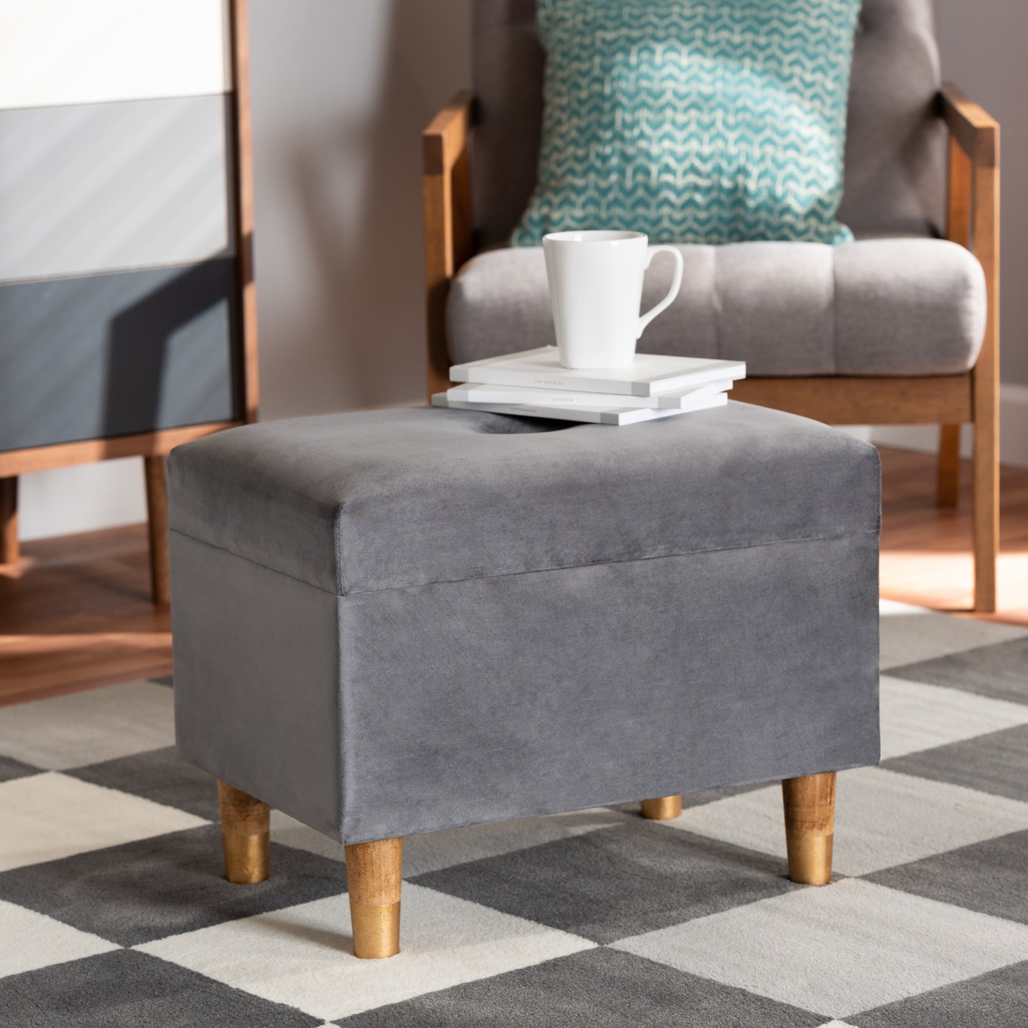 Baxton Studio Elias Modern and Contemporary Grey Velvet Fabric Upholstered and Oak Brown Finished Wood Storage Ottoman