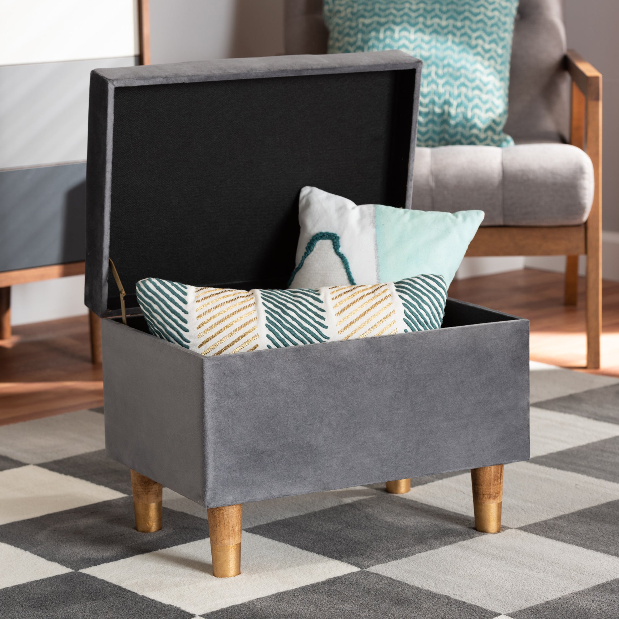Baxton Studio Elias Modern and Contemporary Grey Velvet Fabric Upholstered and Oak Brown Finished Wood Storage Ottoman