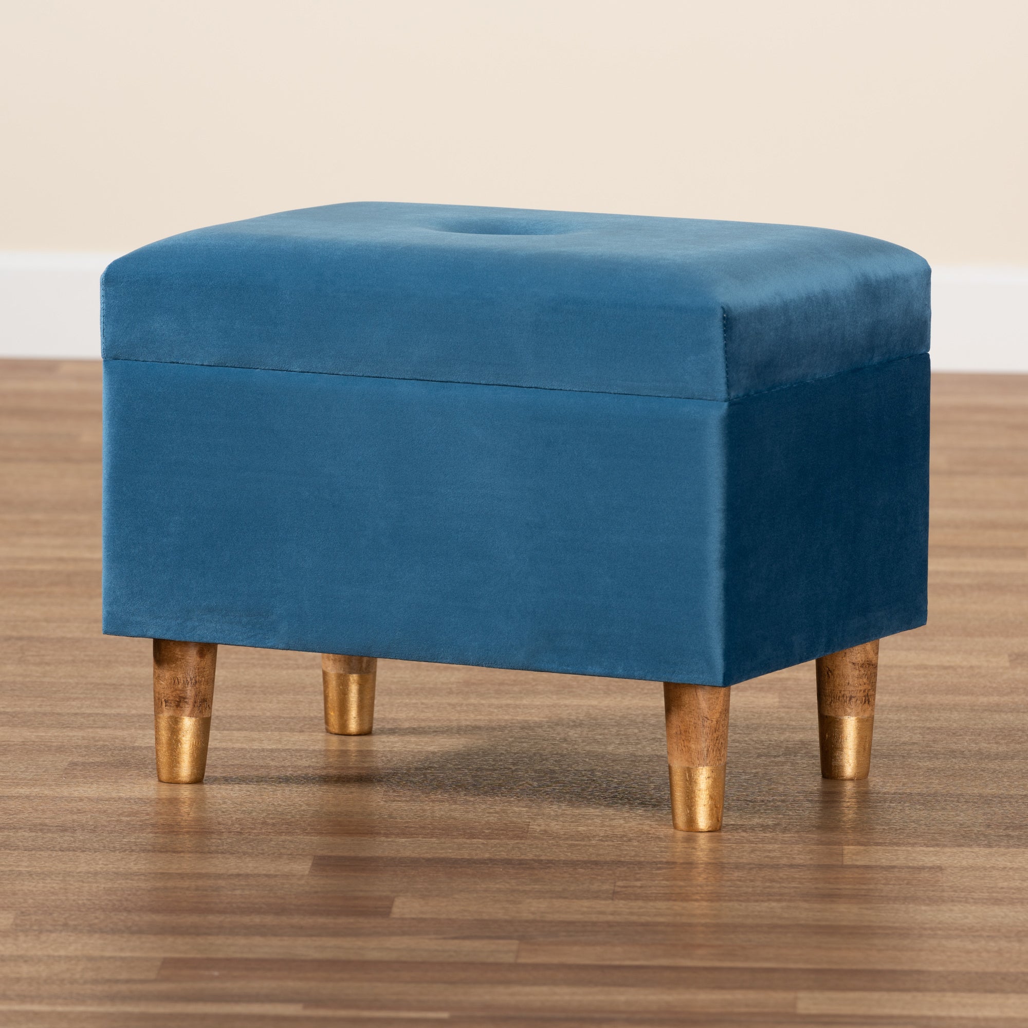 Baxton Studio Elias Modern and Contemporary Sky Blue Velvet Fabric Upholstered and Oak Brown Finished Wood Storage Ottoman
