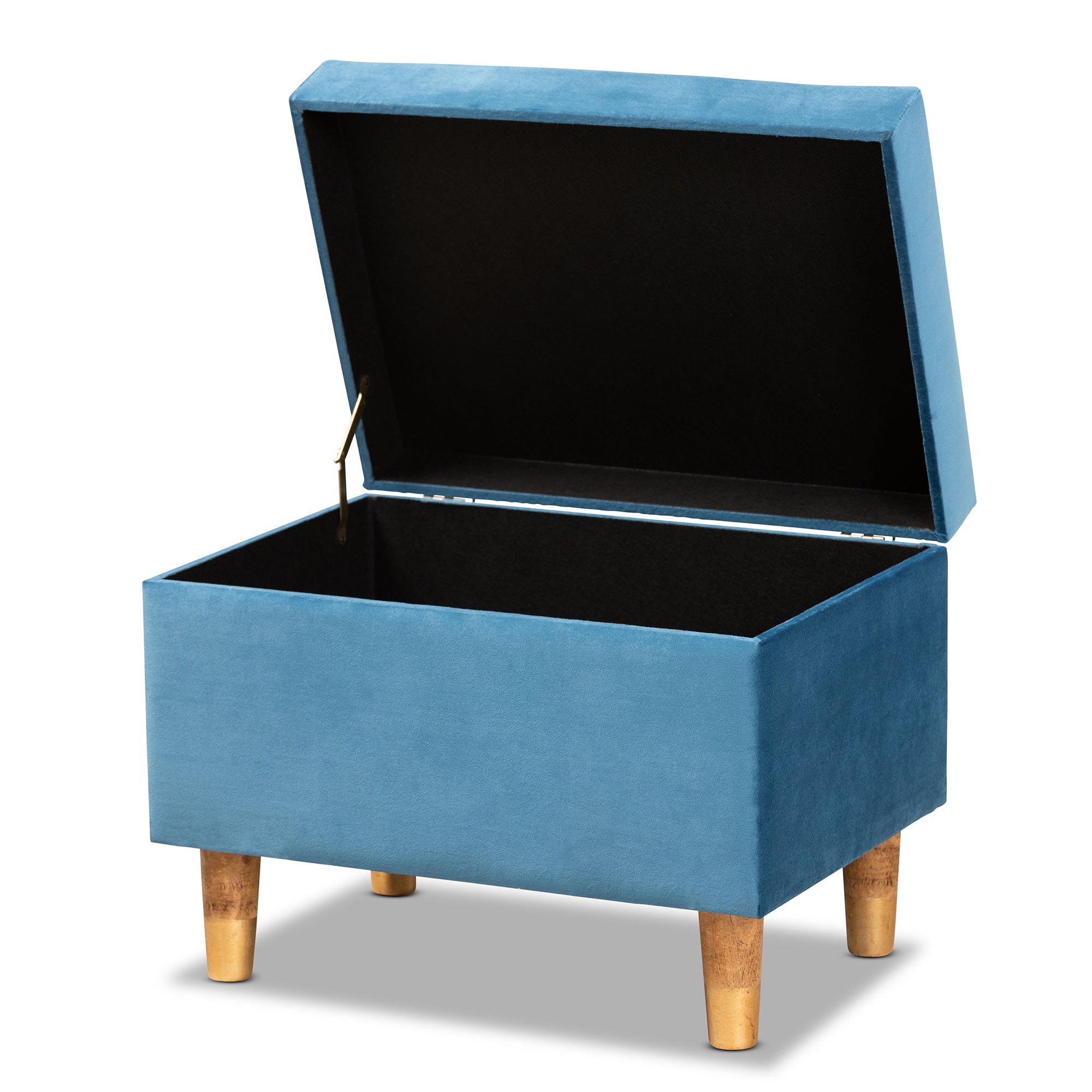 Baxton Studio Elias Modern and Contemporary Sky Blue Velvet Fabric Upholstered and Oak Brown Finished Wood Storage Ottoman