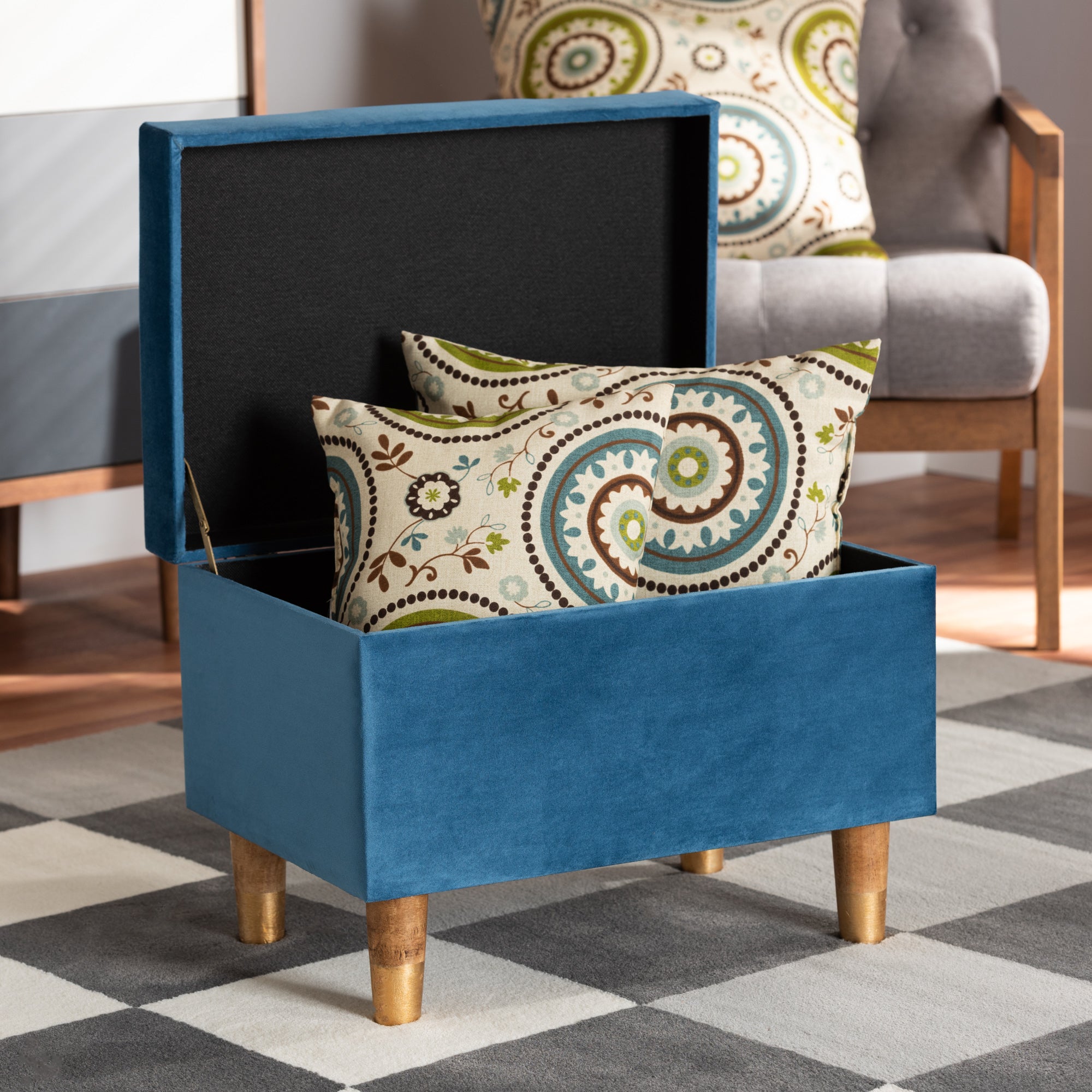 Baxton Studio Elias Modern and Contemporary Sky Blue Velvet Fabric Upholstered and Oak Brown Finished Wood Storage Ottoman