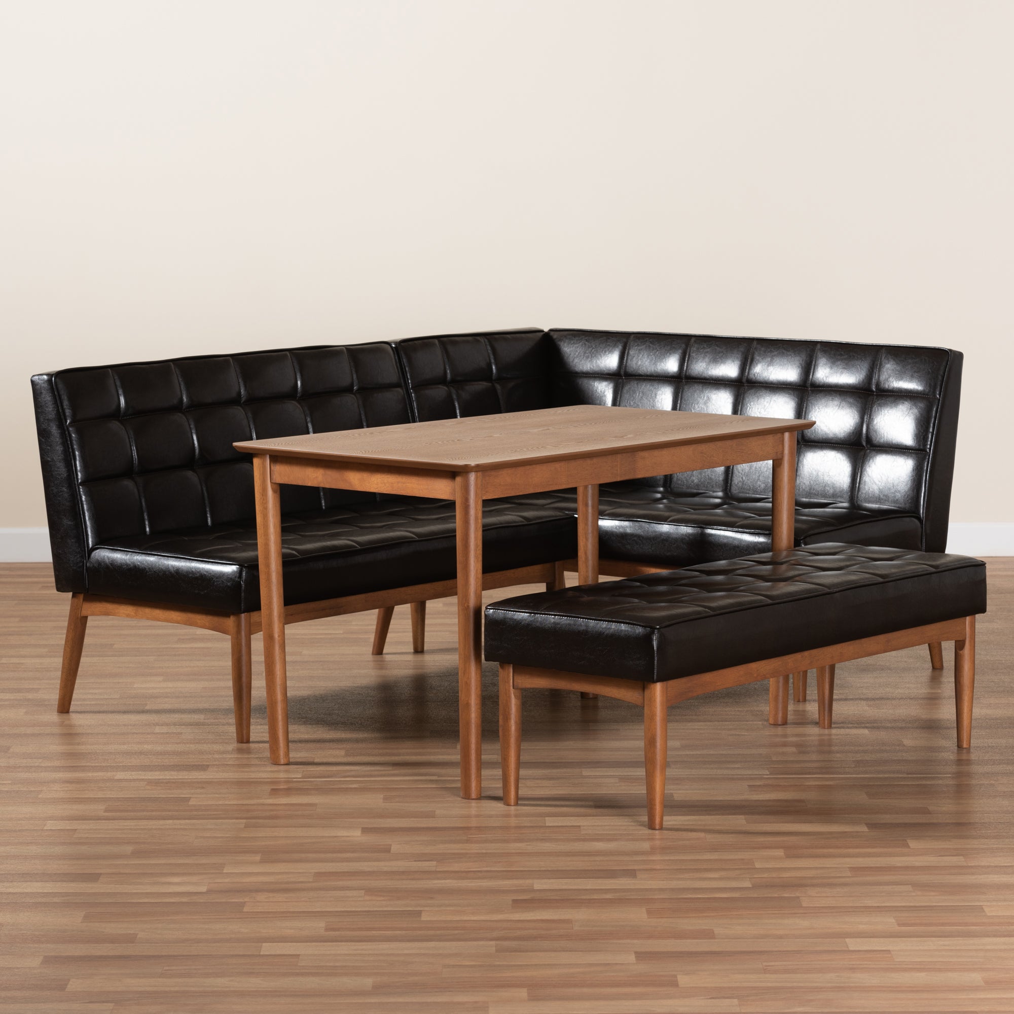 Baxton Studio Sanford Mid-Century Modern Dark Brown Faux Leather Upholstered and Walnut Brown Finished Wood 4-Piece Dining Nook Set