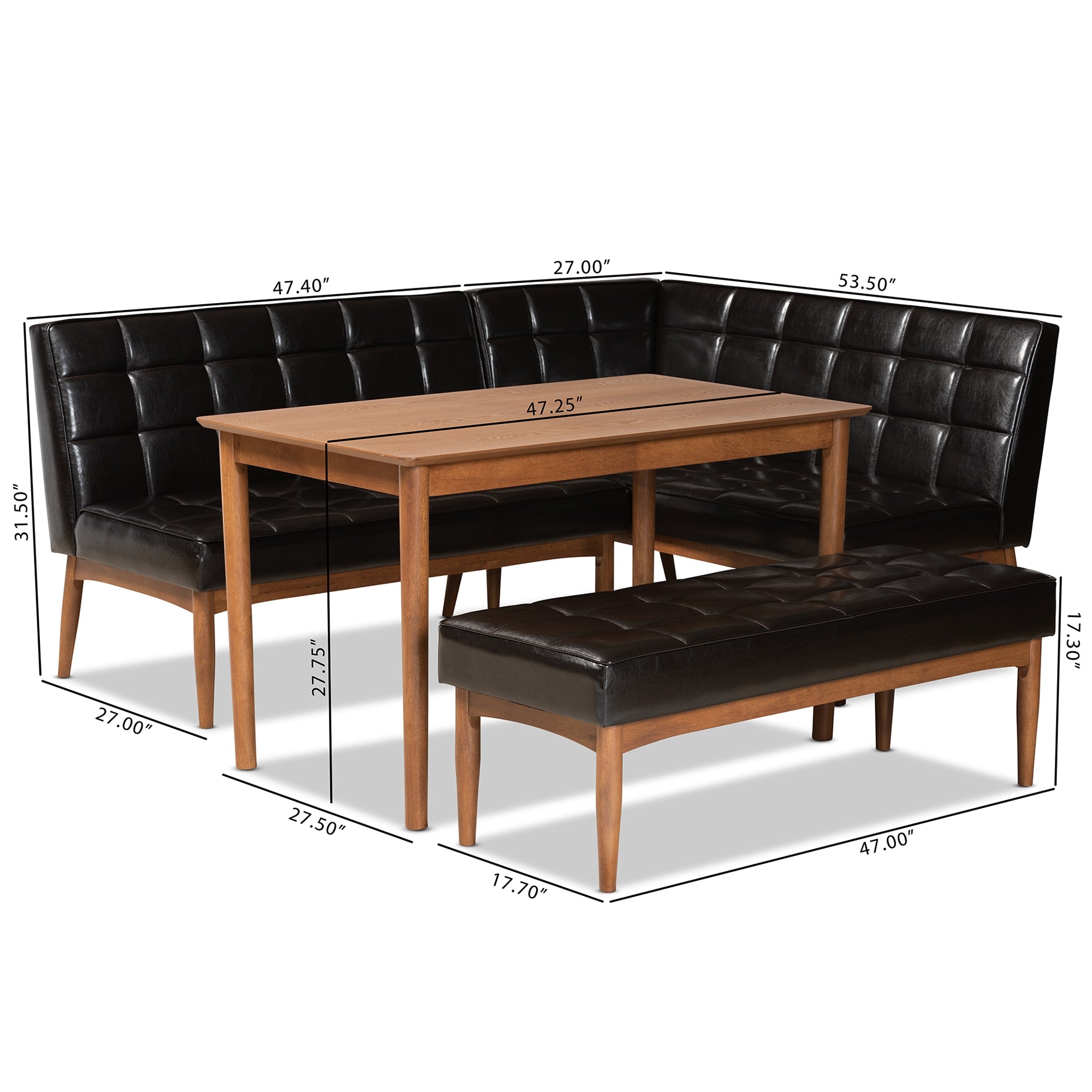Baxton Studio Sanford Mid-Century Modern Dark Brown Faux Leather Upholstered and Walnut Brown Finished Wood 4-Piece Dining Nook Set