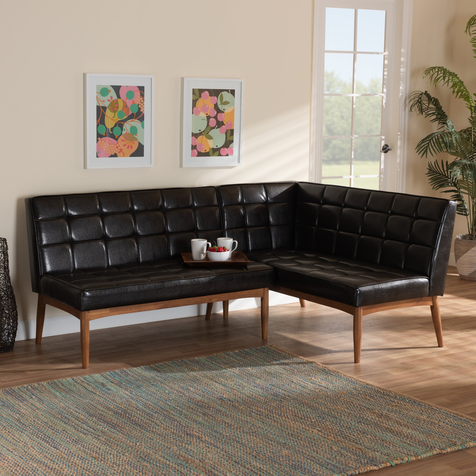 Baxton Studio Sanford Mid-Century Modern Dark Brown Faux Leather Upholstered and Walnut Brown Finished Wood 2-Piece Dining Nook Banquette Set