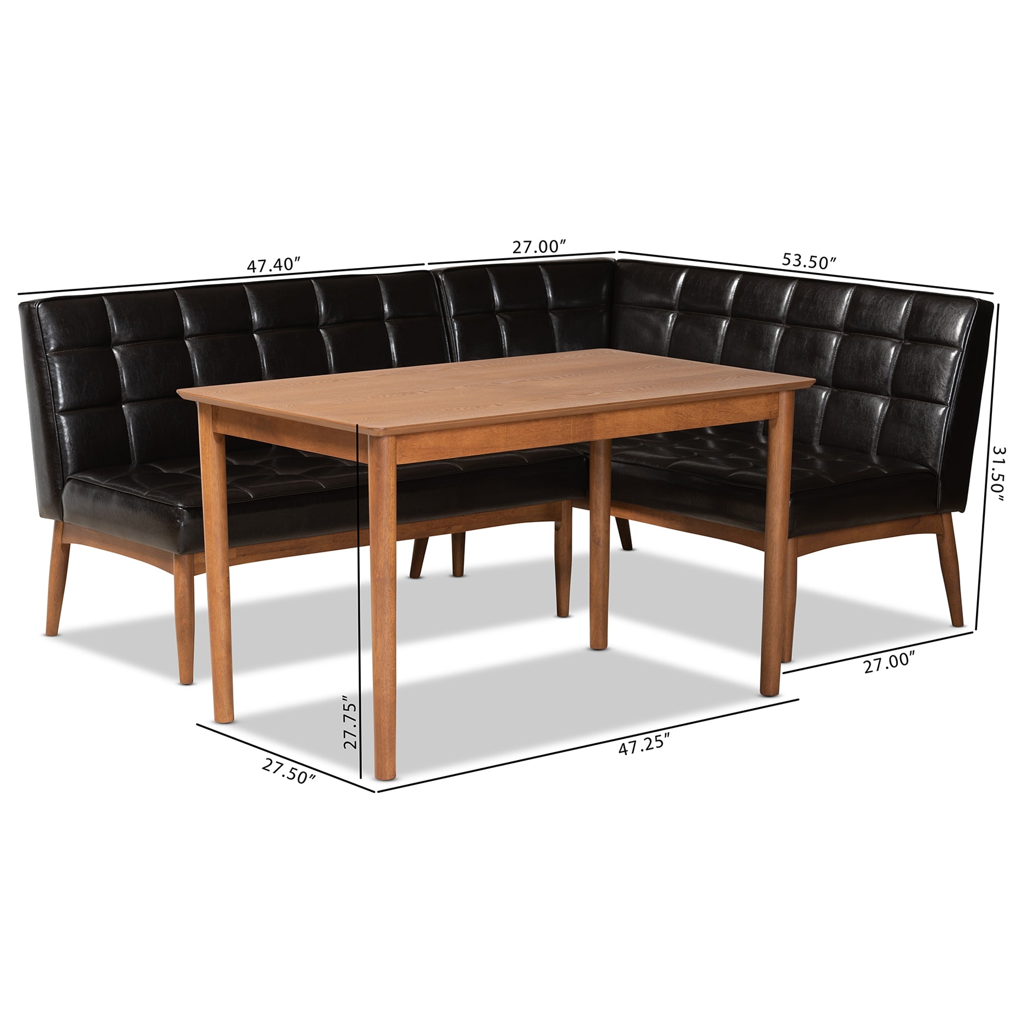 Baxton Studio Sanford Mid-Century Modern Dark Brown Faux Leather Upholstered and Walnut Brown Finished Wood 3-Piece Dining Nook Set
