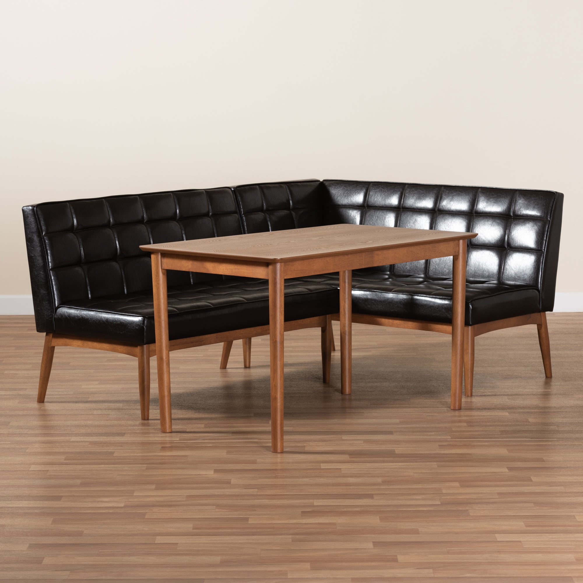 Baxton Studio Sanford Mid-Century Modern Dark Brown Faux Leather Upholstered and Walnut Brown Finished Wood 3-Piece Dining Nook Set