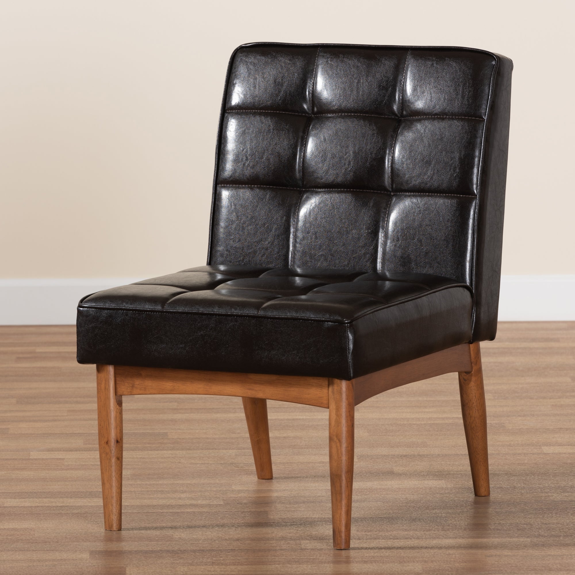 Baxton Studio Sanford Mid-Century Modern Dark Brown Faux Leather Upholstered and Walnut Brown Finished Wood Dining Chair