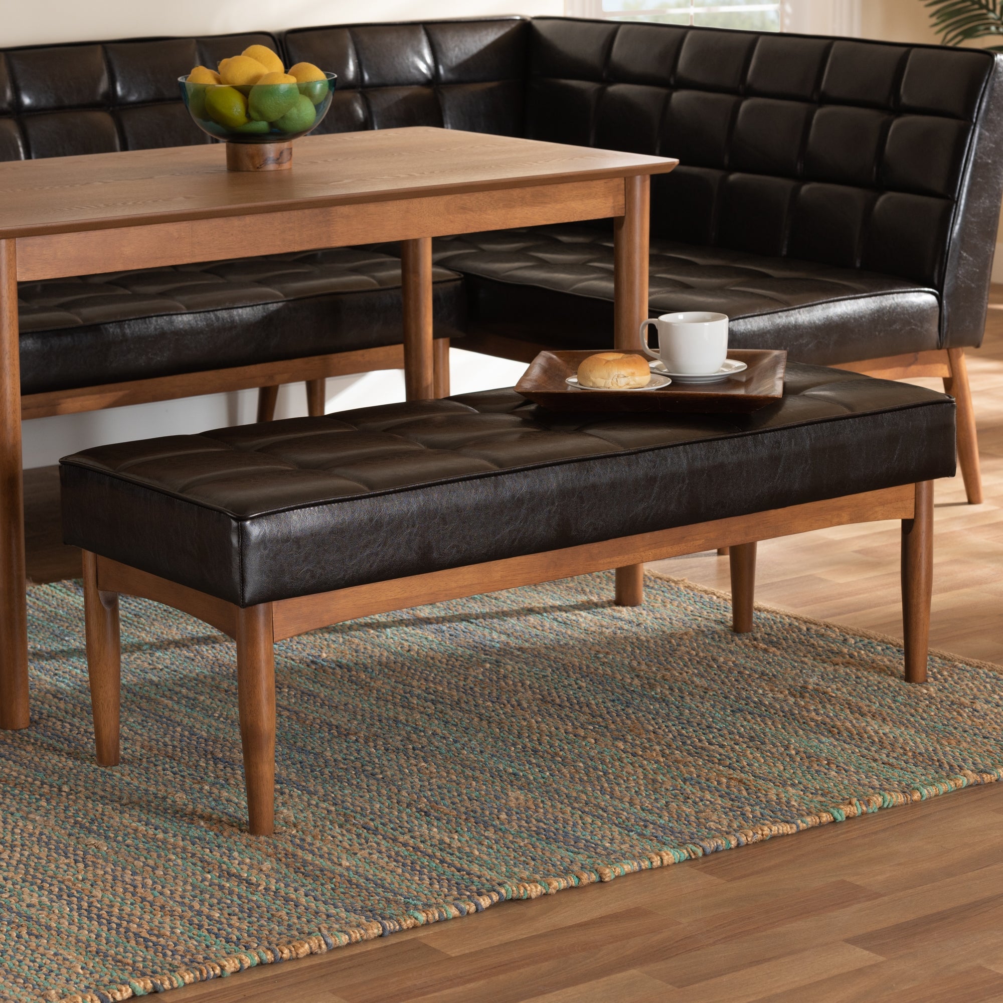 Baxton Studio Sanford Mid-Century Modern Dark Brown Faux Leather Upholstered and Walnut Brown Finished Wood Dining Bench