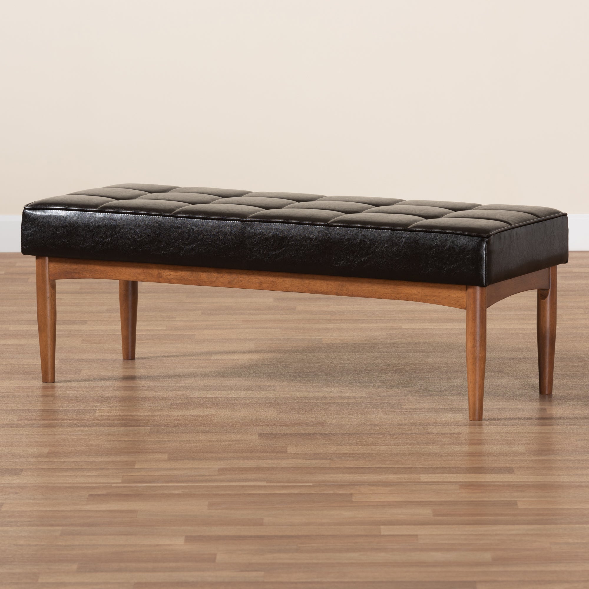 Baxton Studio Sanford Mid-Century Modern Dark Brown Faux Leather Upholstered and Walnut Brown Finished Wood Dining Bench