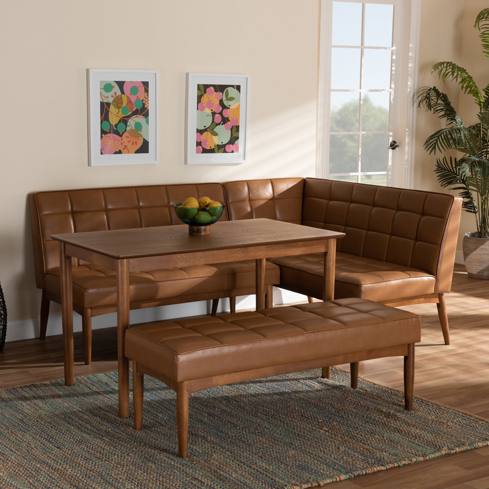 Baxton Studio Sanford Mid-Century Modern Tan Faux Leather Upholstered and Walnut Brown Finished Wood 4-Piece Dining Nook Set