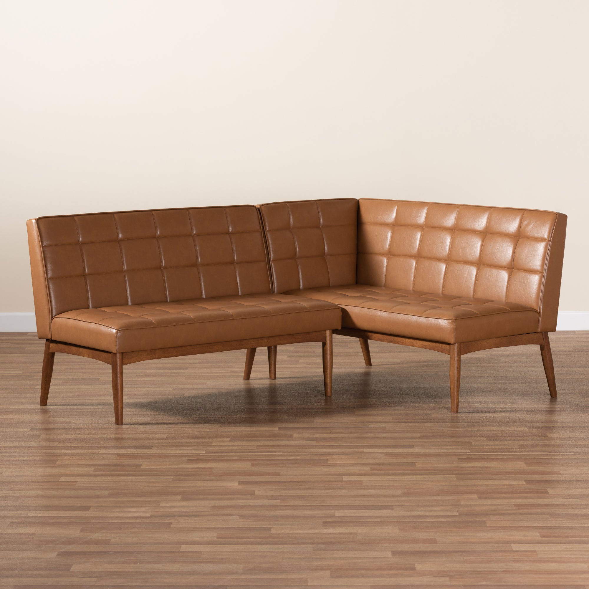 Baxton Studio Sanford Mid-Century Modern Tan Faux Leather Upholstered and Walnut Brown Finished Wood 2-Piece Dining Nook Banquette Set