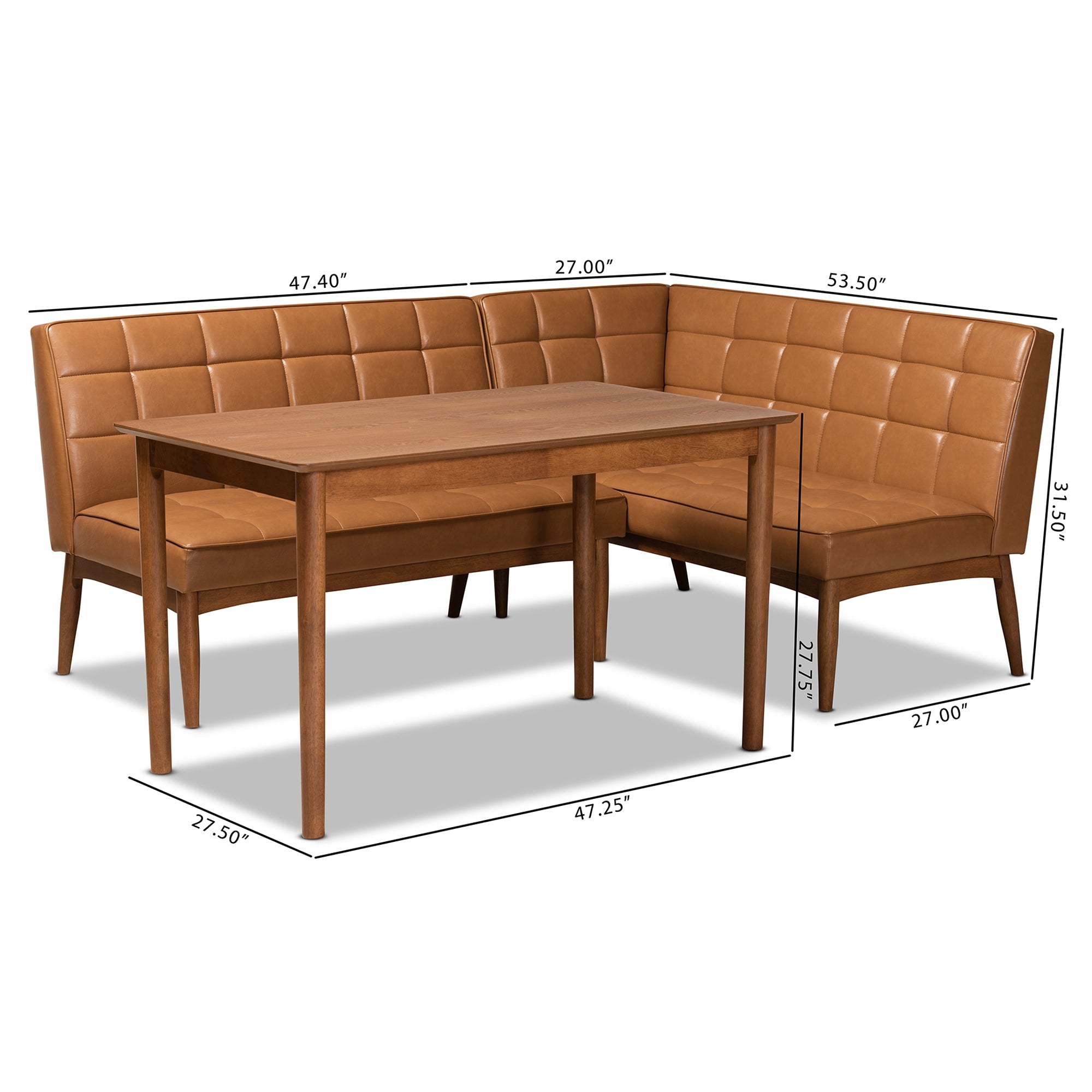 Baxton Studio Sanford Mid-Century Modern Tan Faux Leather Upholstered and Walnut Brown Finished Wood 3-Piece Dining Nook Set