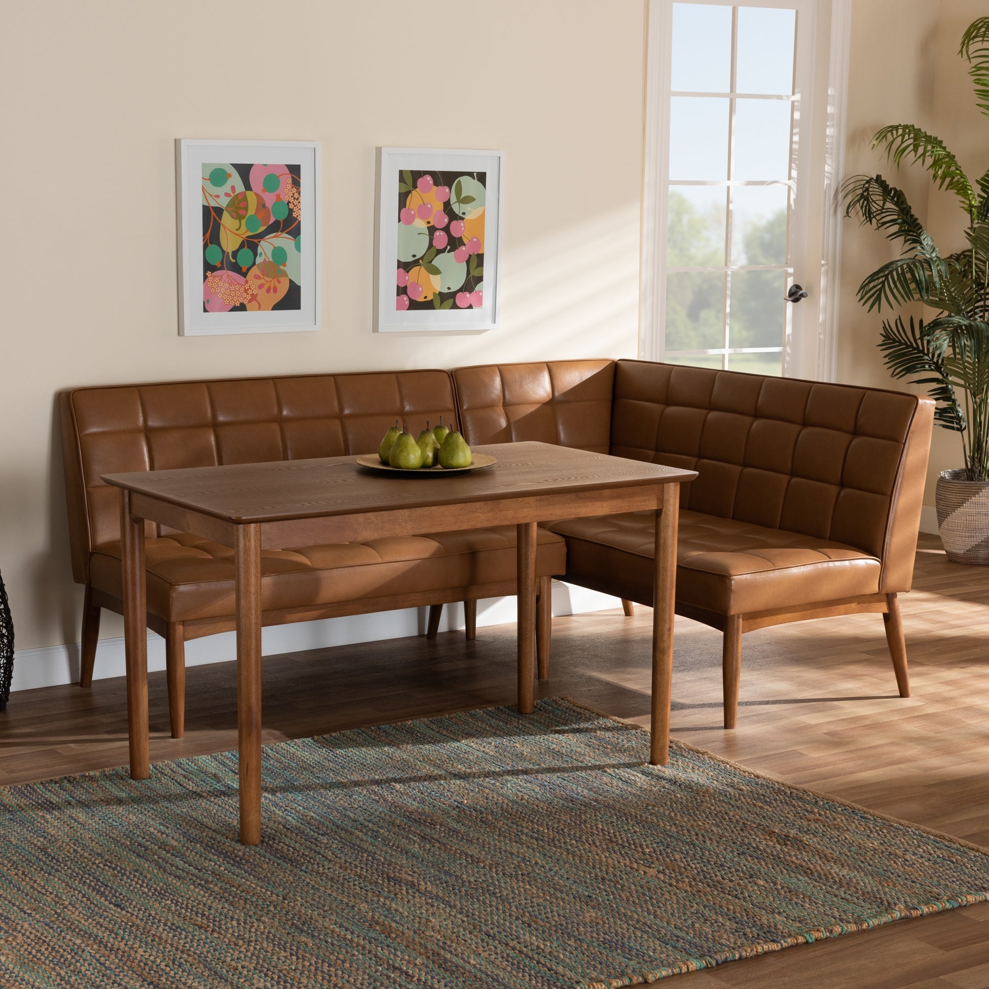Baxton Studio Sanford Mid-Century Modern Tan Faux Leather Upholstered and Walnut Brown Finished Wood 3-Piece Dining Nook Set