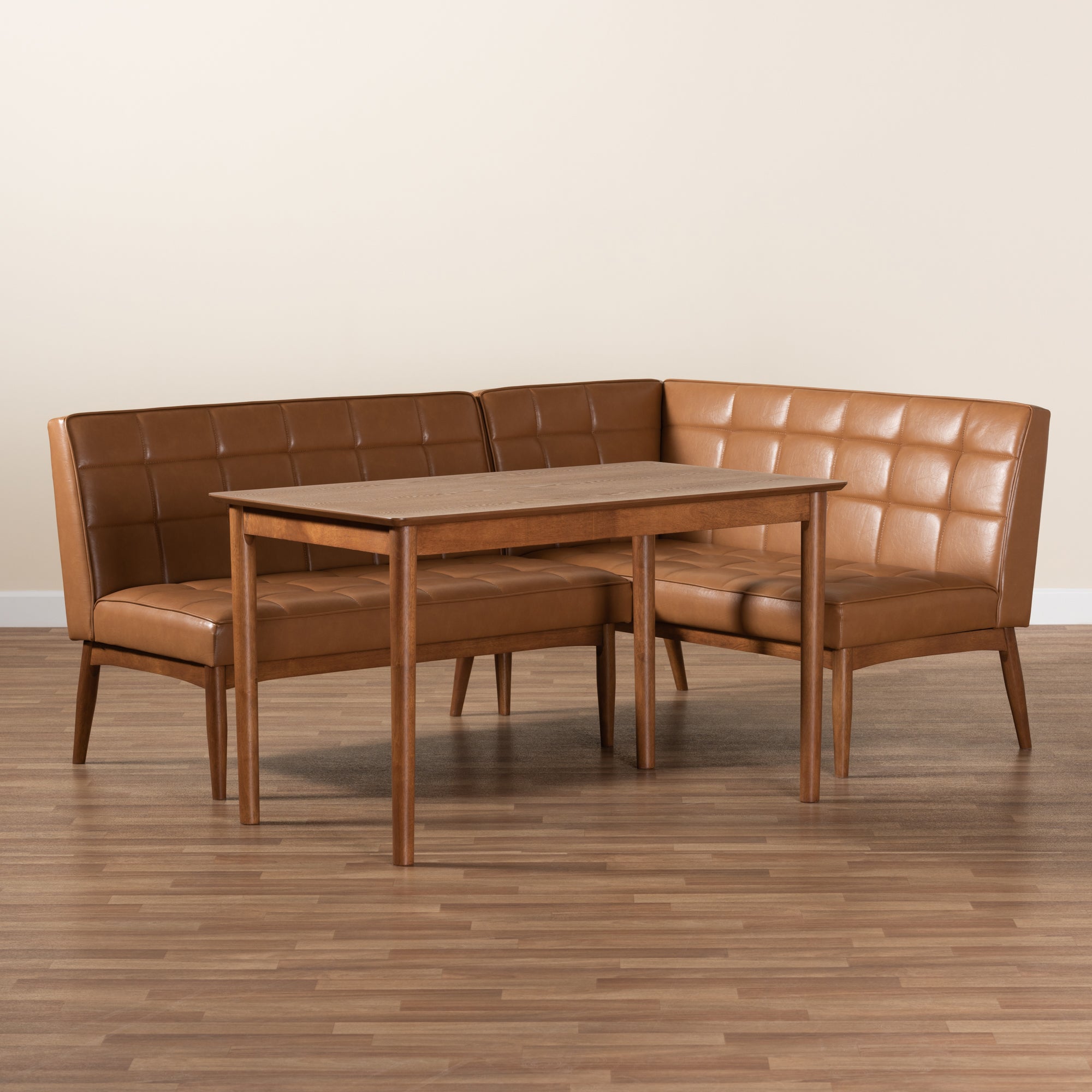 Baxton Studio Sanford Mid-Century Modern Tan Faux Leather Upholstered and Walnut Brown Finished Wood 3-Piece Dining Nook Set